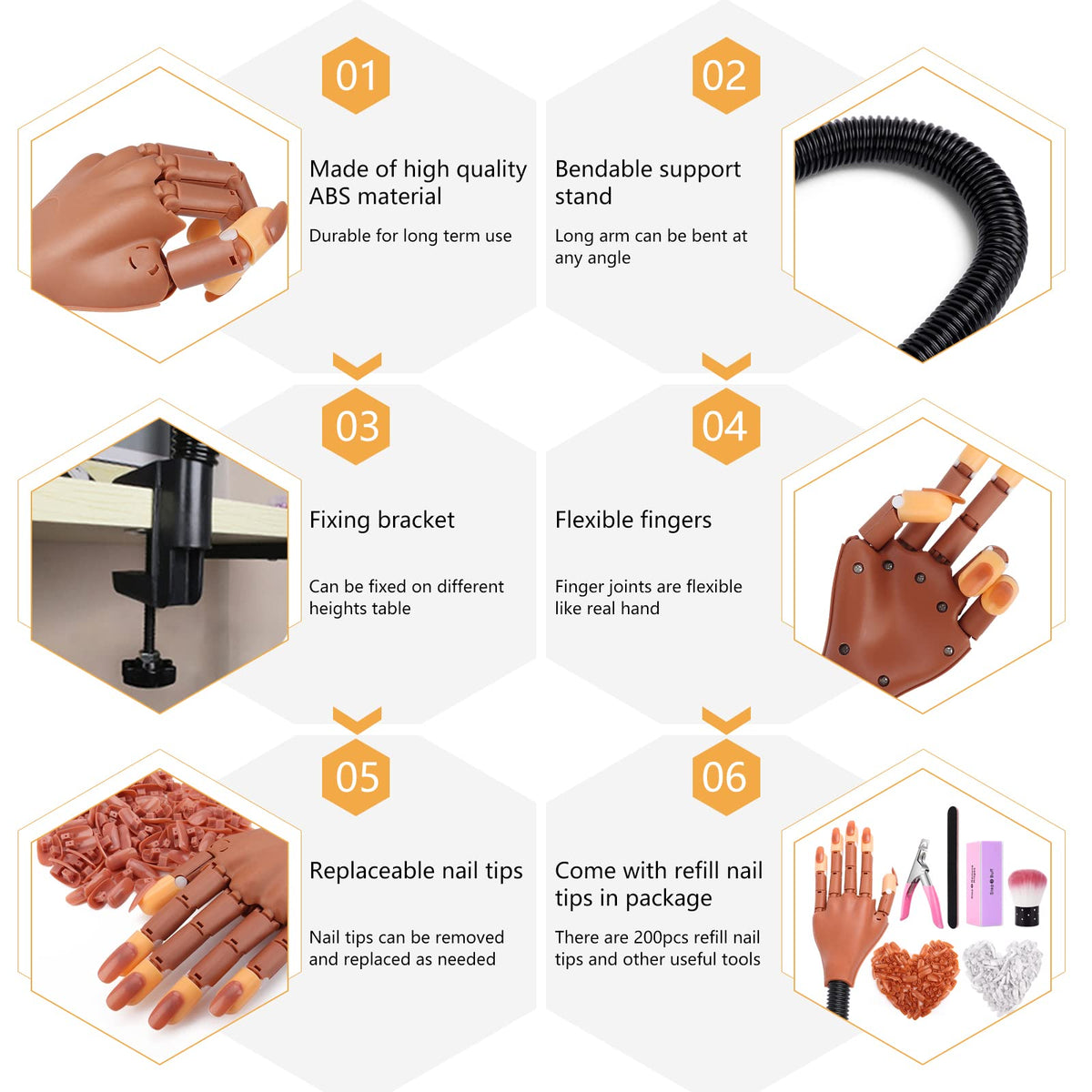 Manos de Práctica LIONVISON Flexibles y Móviles para Uñas Acrílicas con Limas, Pincel, Cortadora y 300 Puntas de Uñas