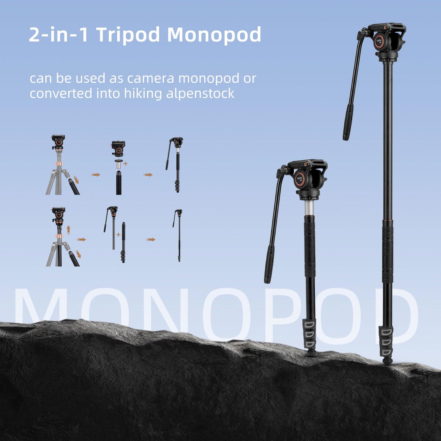 Cayer Trípodes de Cámara, Trípode de Video de Fibra de Carbono de 196 cm con Cabeza de Fluido, Trípode DSLR de Convertible a Monopié para Cámara DSLR, Capacidad de Carga de 6 kg - CF2451H6