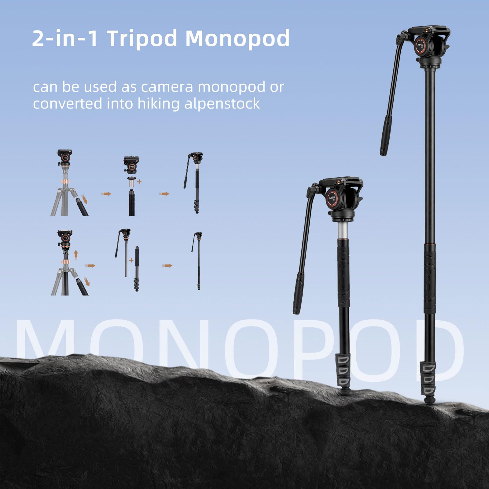 Cayer Trípodes de Cámara, Trípode de Video de Fibra de Carbono de 196 cm con Cabeza de Fluido, Trípode DSLR de Convertible a Monopié para Cámara DSLR, Capacidad de Carga de 6 kg - CF2451H6