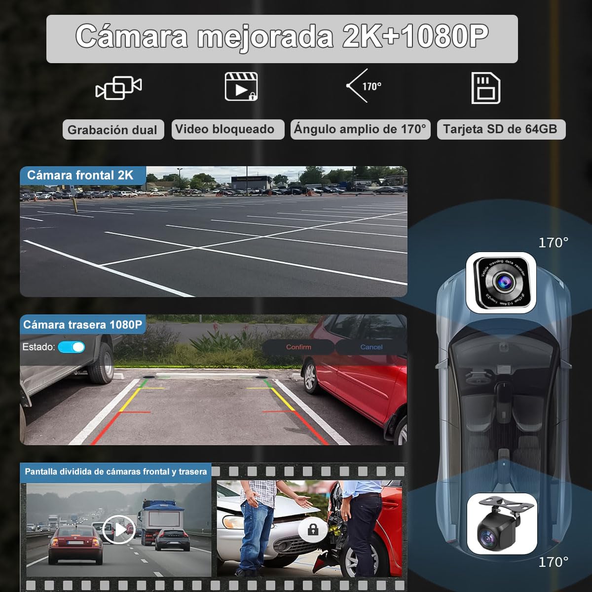 Autoestéreo para Carro Portátil de 9 Pulgadas con 2K Dashcam, Compatible con Todos los Vehículos, con CarPlay inalámbrico, Android Auto, WiFi, GPS, Bluetooth, Mirror Link y Cámara de Visión Trasera.