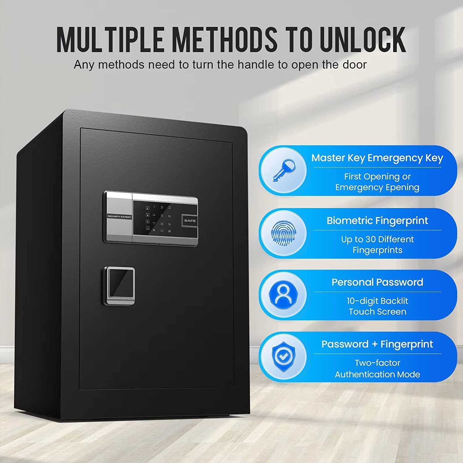 Caja de seguridad biométrica para huellas dactilares, 2.6 Cub, caja de seguridad con aviso de voz y gabinete interior privado, caja fuerte para el hogar con teclado de visualización táctil, doble