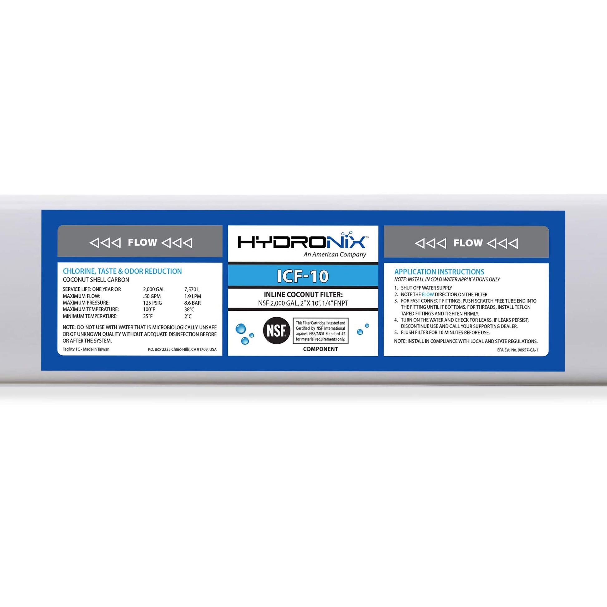 Hydronix ICF-10 Inline Coconut Filter 2000 Gal, 2" OD X 1 0" Length, 1/4" FNPT