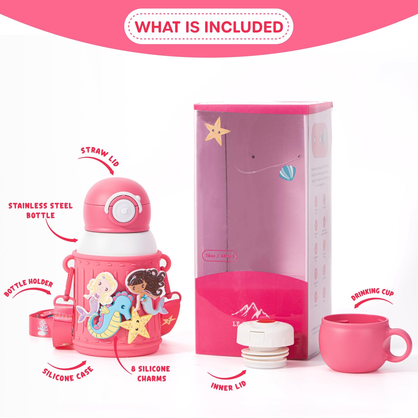 Le Glacier - Juego de vasos aislantes para niños, 16 onzas, botella de agua de acero inoxidable con tapa de popote y tapa para verter, taza a prueba de fugas, funda de silicona, dijes y correa