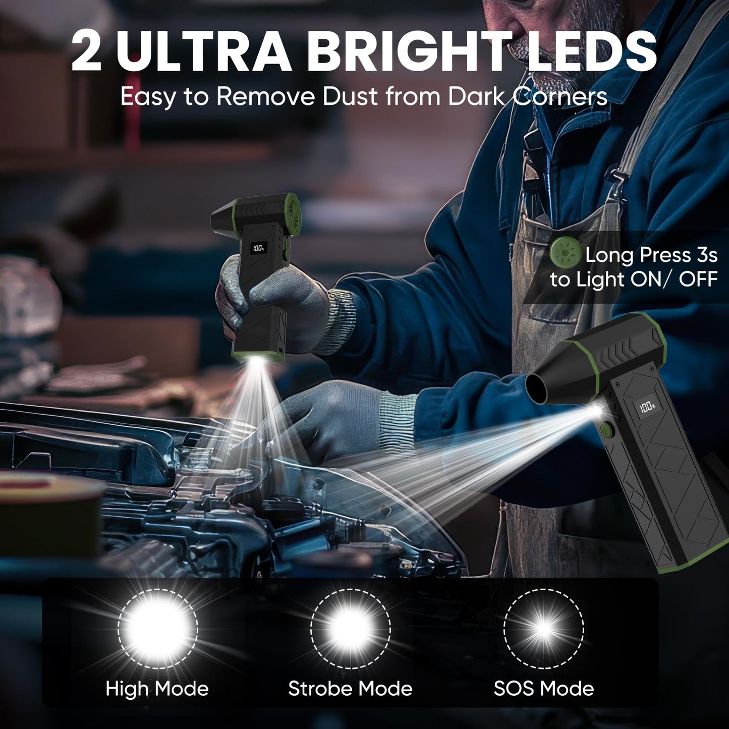 AUKZON Plumero de Aire Comprimido Eléctrico 180000 RPM 4 Velocidades con Linterna LED Recargable 10000 mAh Multiusos para Hogar Oficina Exterior y Coche