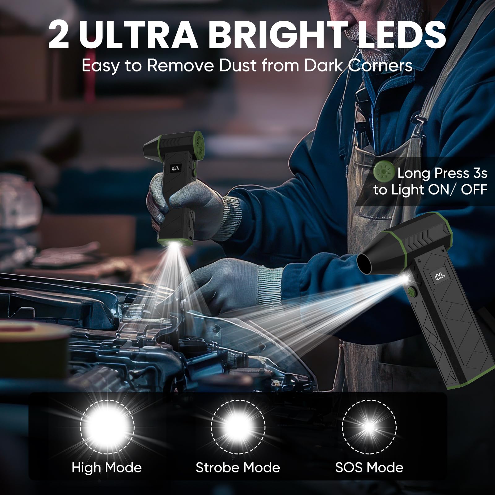 AUKZON Plumero de Aire Comprimido Eléctrico 180000 RPM 4 Velocidades con Linterna LED Recargable 10000 mAh Multiusos para Hogar Oficina Exterior y Coche
