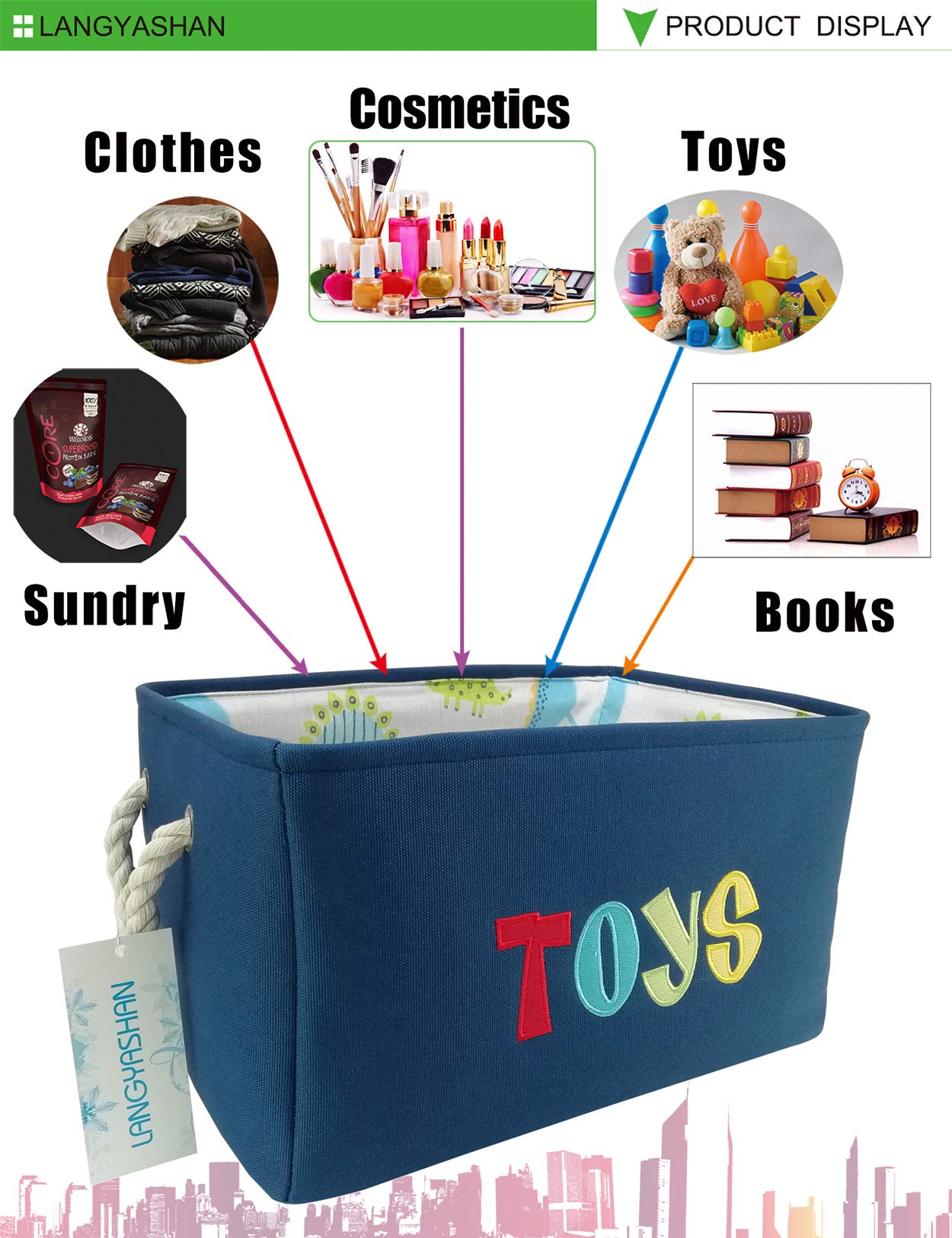 LANGYASHAN - Contenedor rectangular de almacenamiento de lona plegable con asas para organizar el hogar, cocina, niños y niñas, juguetes, oficina, clóset, cestas (juguetes marinos)