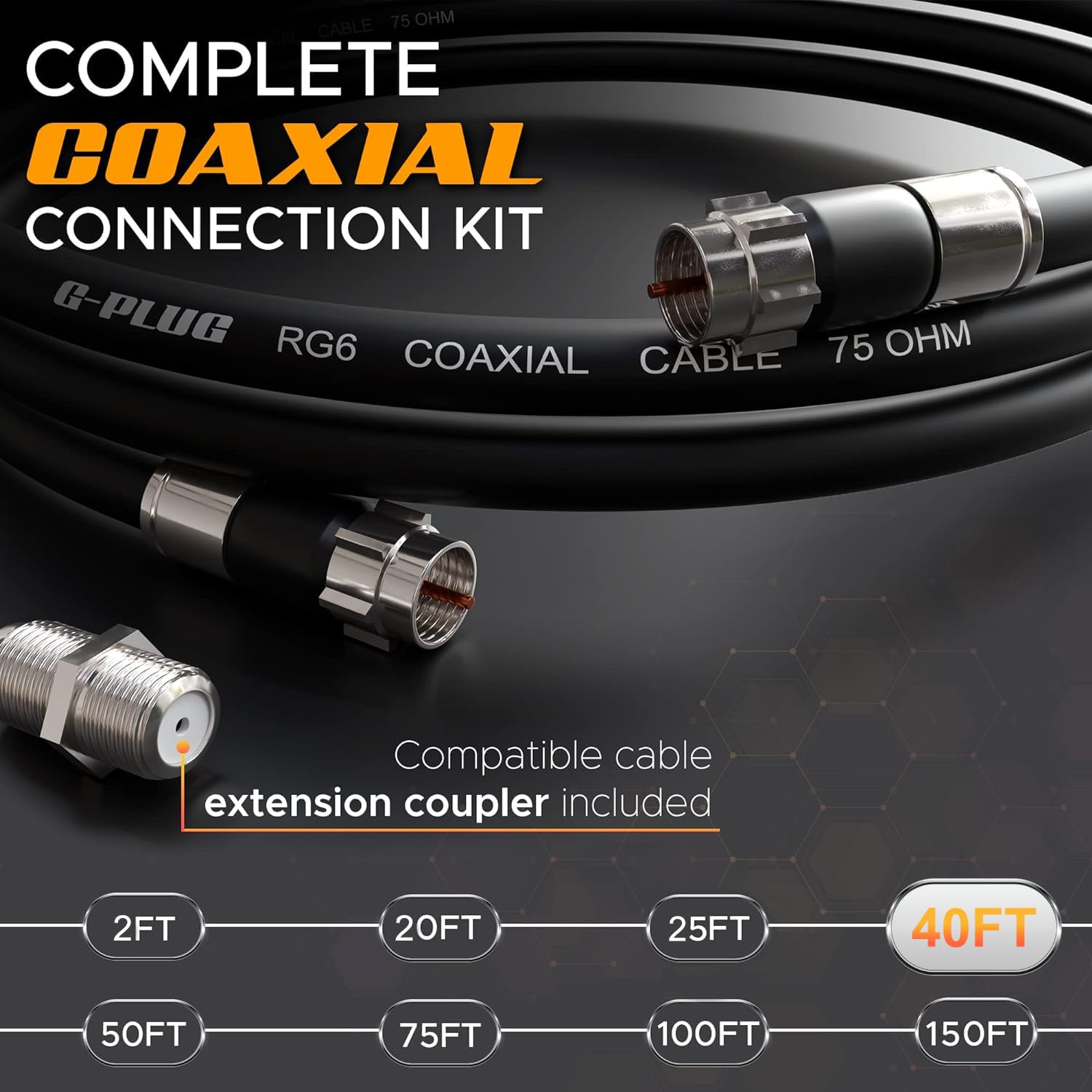 G-PLUG Cable Coaxial RG6 75 Ohm, Triple Blindaje, Conectores F Tipo Macho a Macho, Cable Antena TV, Satelital e Internet Banda Ancha, Incluye Acoplador F81, Negro