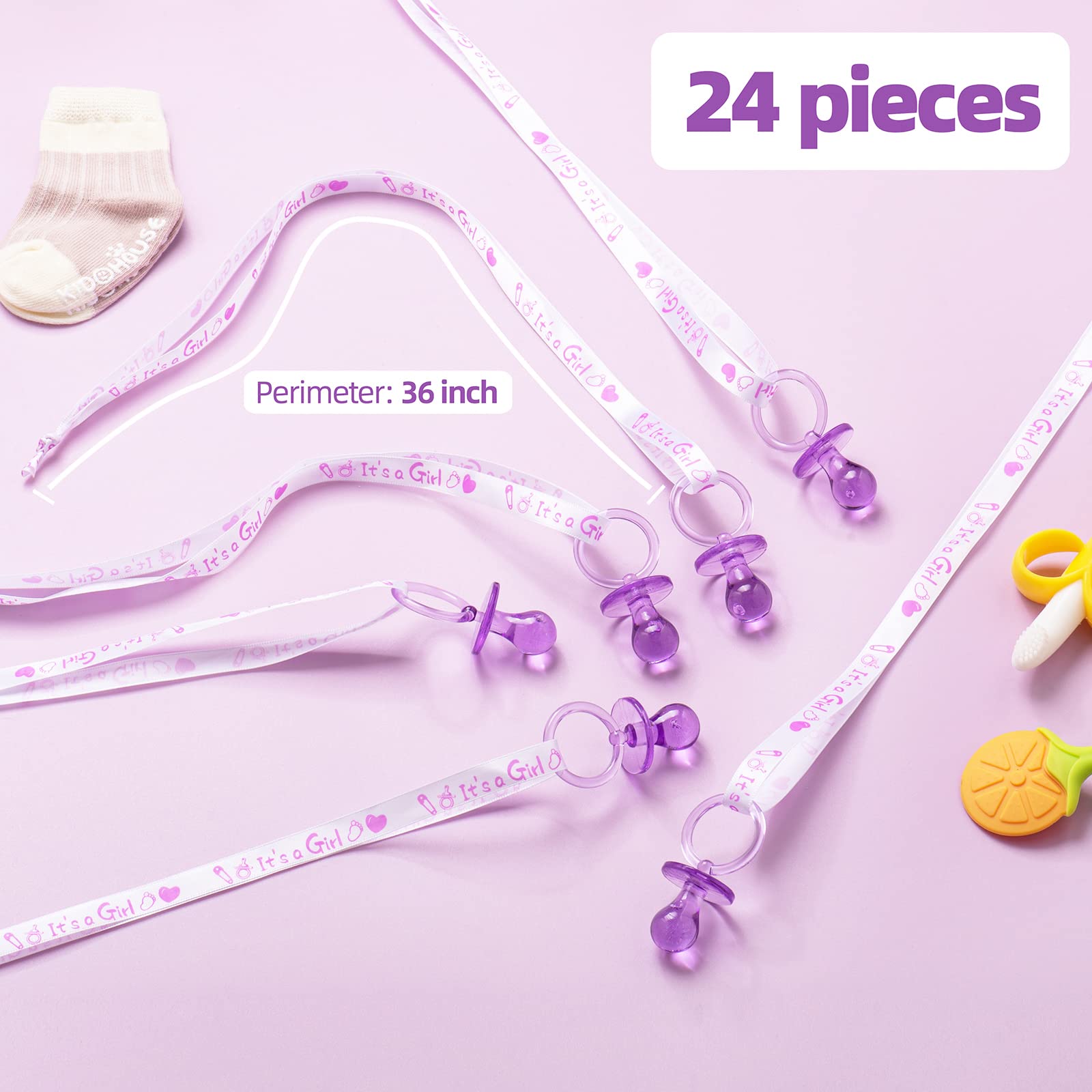 Collar con 24 chupetes para baby shower, dije de chupete acrílico de 2.5 pulgadas, adecuado para decoraciones de fiesta (morado)