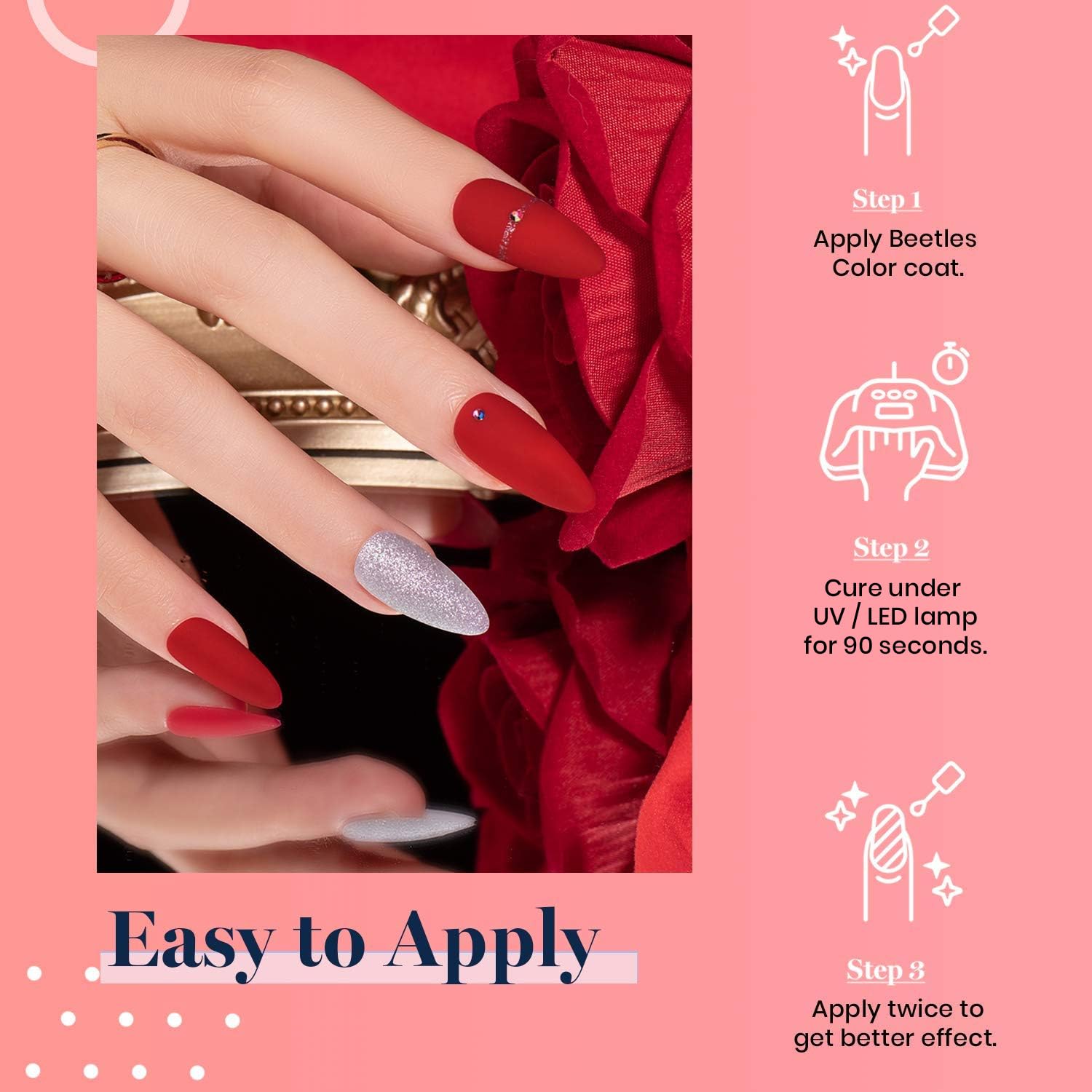 Kit de esmalte de uñas en gel rojo Beetles con luz LED UV y capa superior de gel base Kit de inicio Juego de esmalte de uñas en gel rojo Soak Off con lámpara Lima de uñas para uñas caseras Perfecto para la manicura del 4 de julio para mujeres