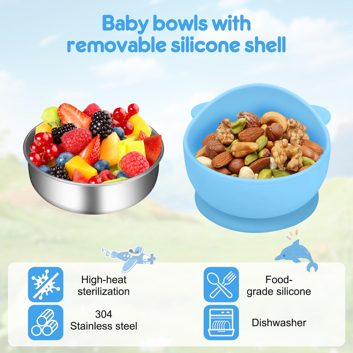 Wesketch Paquete De 2 Tazones De Acero Inoxidable Para Bebé Con Ventosa De Silicona Antideslizante Extraíble, Recipiente Antiescaldaduras Para La Alimentación Del Bebé, Incluye Tenedores Y Cucharas, A