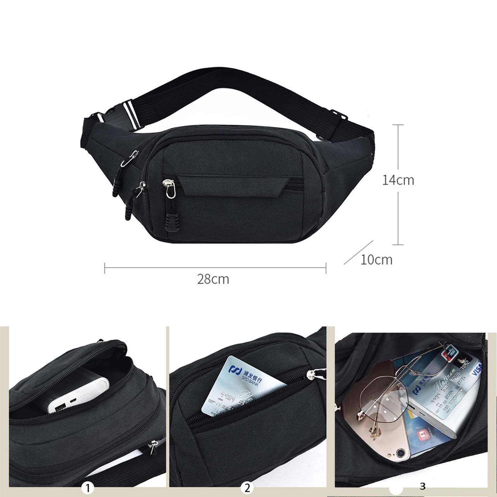 Cangurera Deportiva de Viaje, Cintura Pack Bolso de Paquete con Tela Impermeable de Amplia Capacidad, Fanny Pack, Running Belt, Travel Pouch para Hombre y Mujer(Negro)