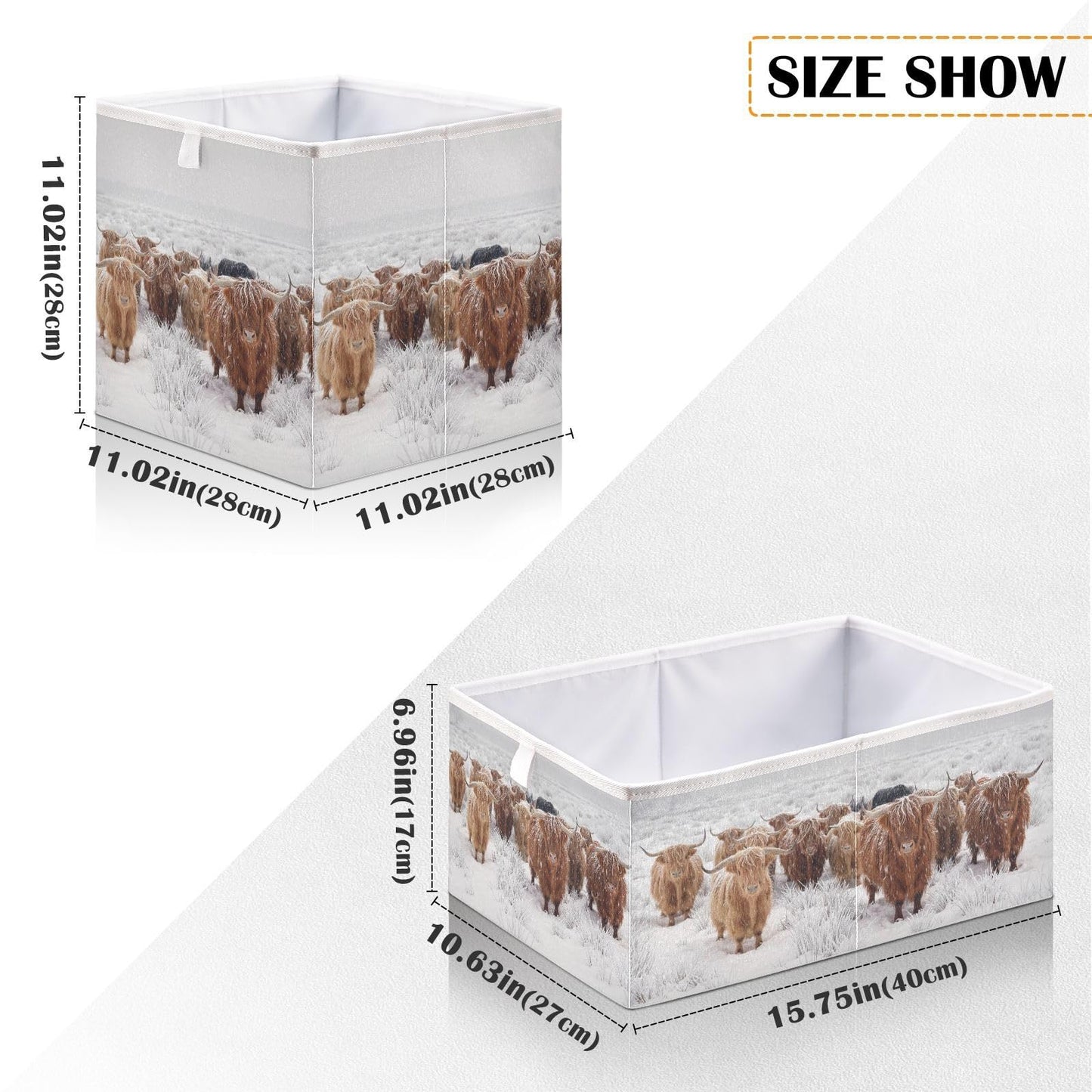 Contenedores de almacenamiento abiertos plegables de vaca escocesa de las tierras altas en un invierno natural, cesta de almacenamiento plegable para guardería, cubo de tela, organizador rectangular con asas para estantes, armario, decoración del hogar
