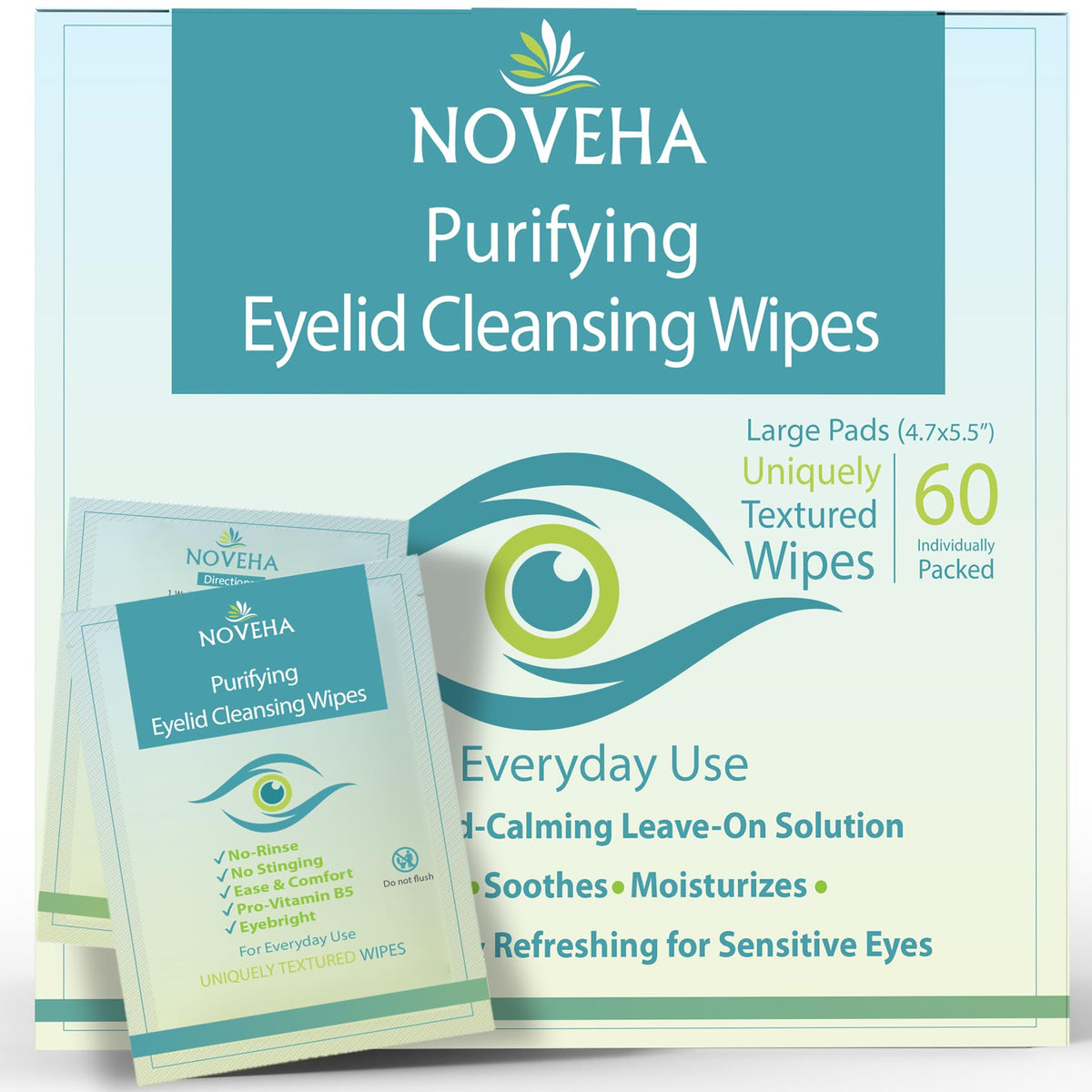 NOVEHA Toallitas para párpados y pestañas | Para picazón, ojos secos, orzuelos y blefaritis, Demodex | Toallitas limpiadoras de ácido hipocloroso suave y natural 0.02% puro, hipoalergénicas y calmantes para ojos sensibles, paquete de 60 unidades