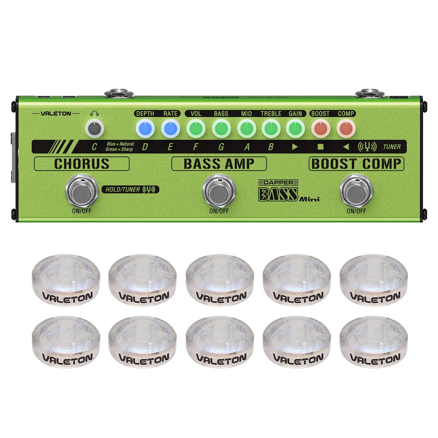 Pedal de Efectos Múltiples Valeton Bass Verde Amplificador Analógico Boost Comp Chorus para Bajo