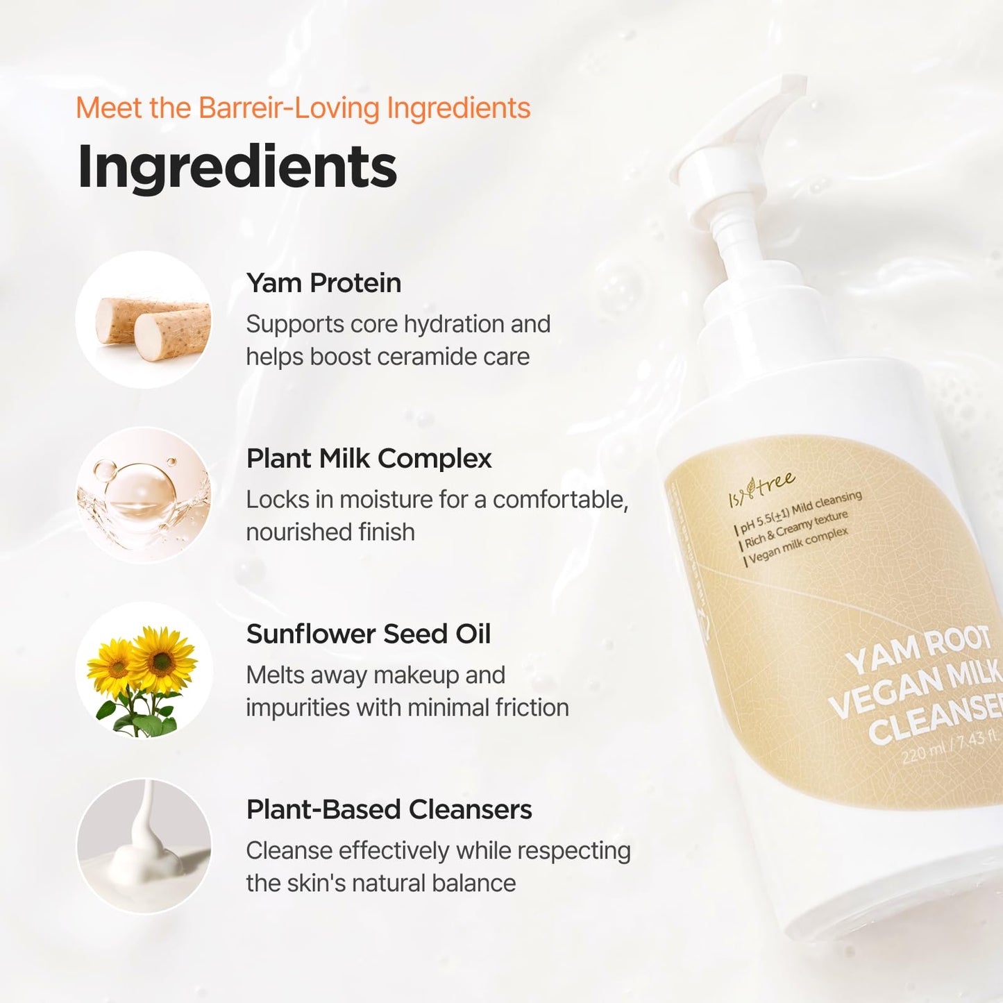IsNtree Yam Root Vegan Milk Cleanser 220ml, 7.43 fl.oz | Korean Facial Cleanser for Sensitive Skin | Rich & Creamy Texture | Hydrating & Mild | Vegan & Cruelty-Free Skincare