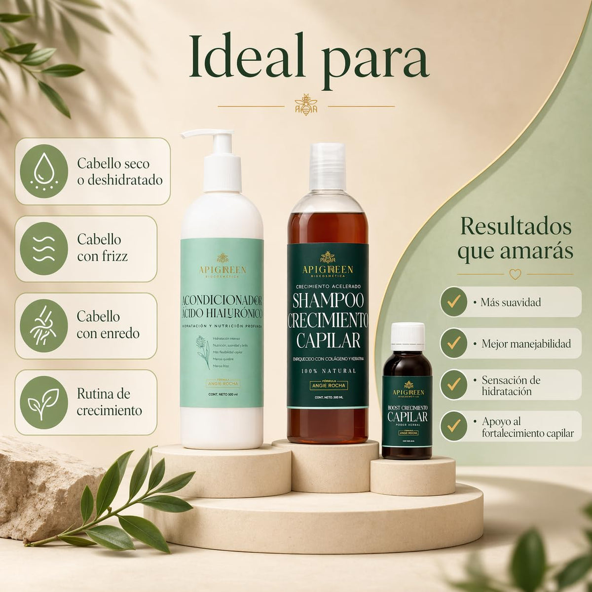 Kit Capilar Apigreen Negro para Crecimiento y Fortalecimiento del Cabello con Ácido Hialurónico
