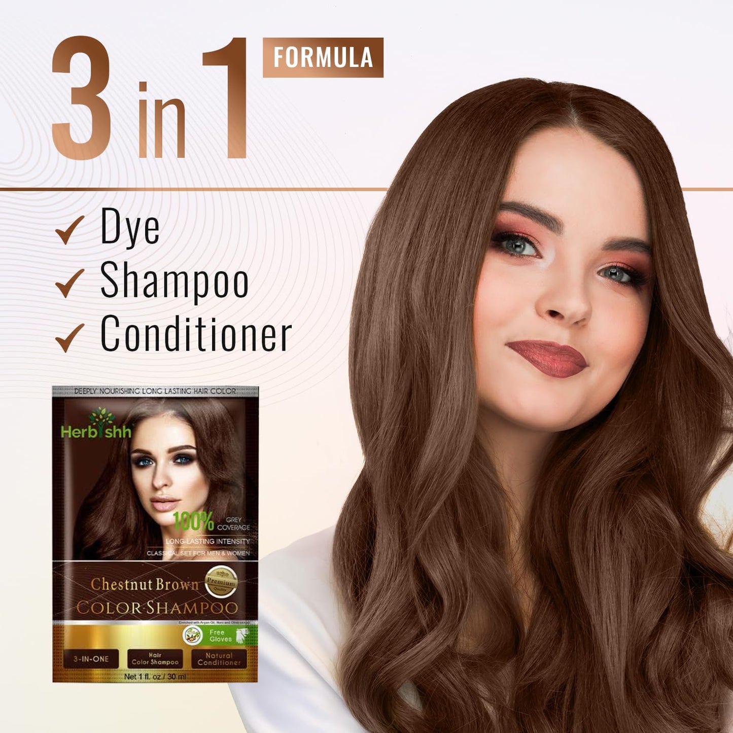 Herbishh Hair Color Shampoo for Gray Hair– Hair Dye Shampoo with Argan Hair Mask–Tamaño de viaje-Tiñe el cabello en minutos–Color de larga duración–10pack+1pack (Chestnut Brown)
