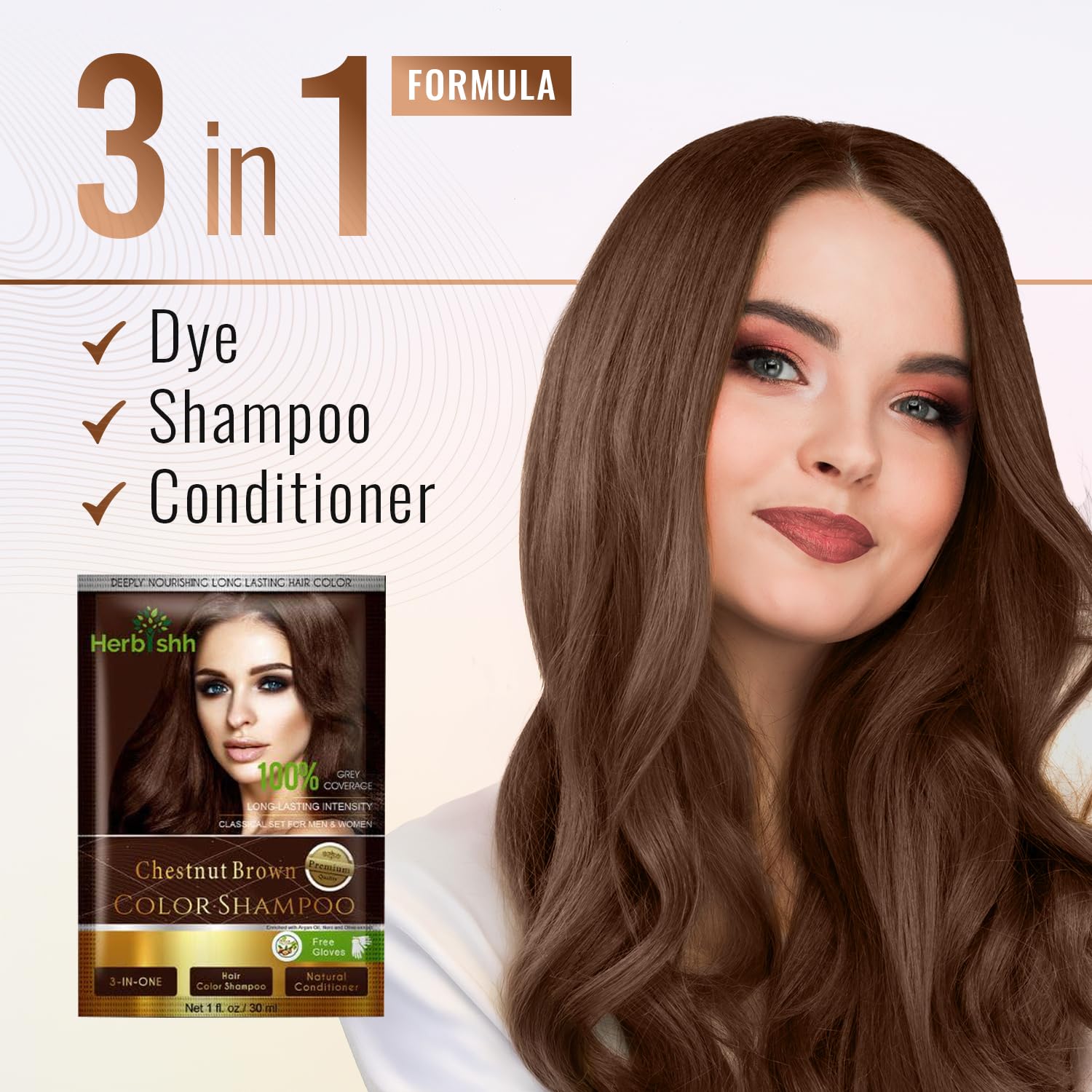 Herbishh Hair Color Shampoo for Gray Hair– Hair Dye Shampoo with Argan Hair Mask–Tamaño de viaje-Tiñe el cabello en minutos–Color de larga duración–10pack+1pack (Chestnut Brown)