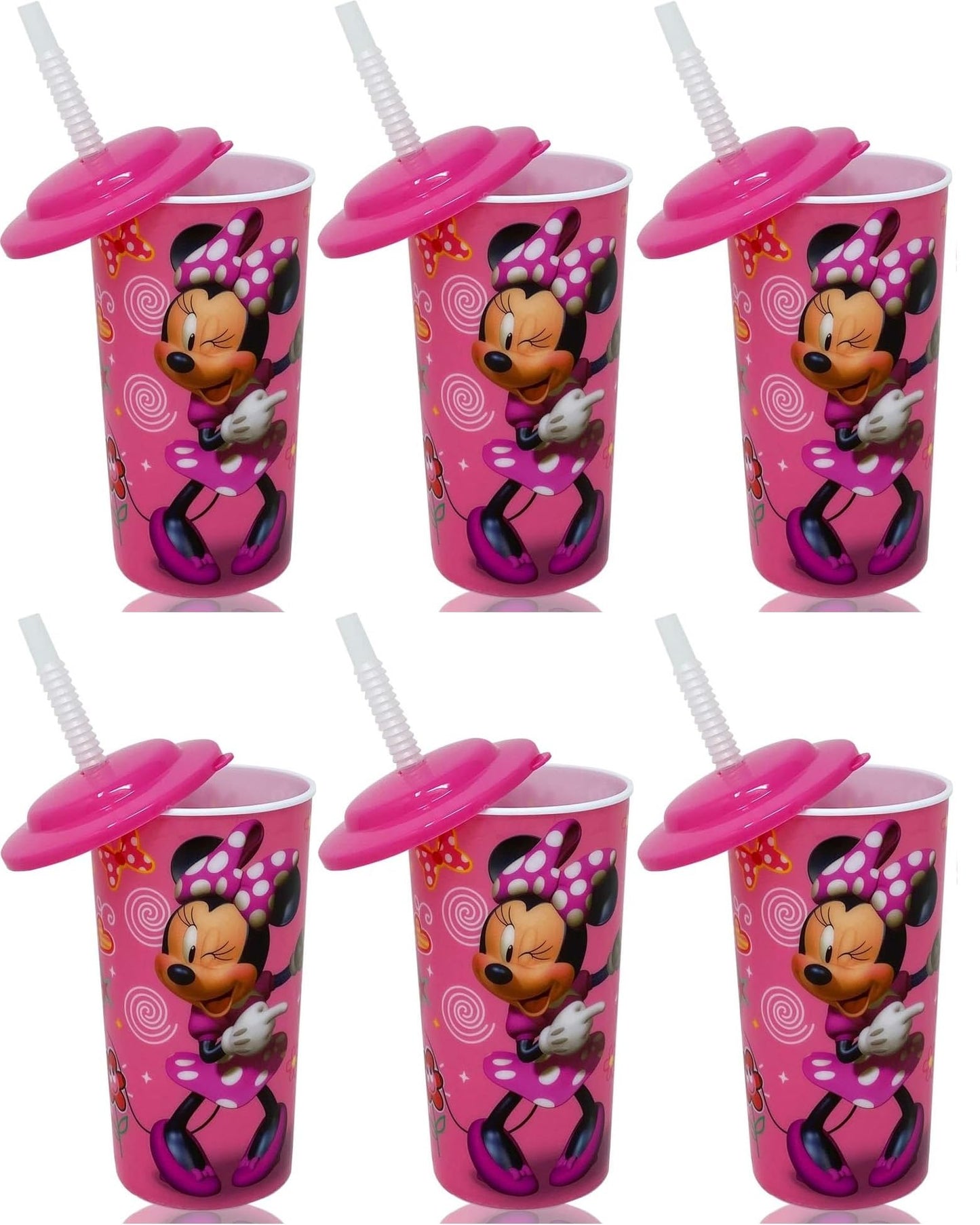 Zak Designs - Paquete de 6 vasos deportivos reutilizables de Disney Minnie Mouse de 16 onzas, con tapas y popotes, color rosa