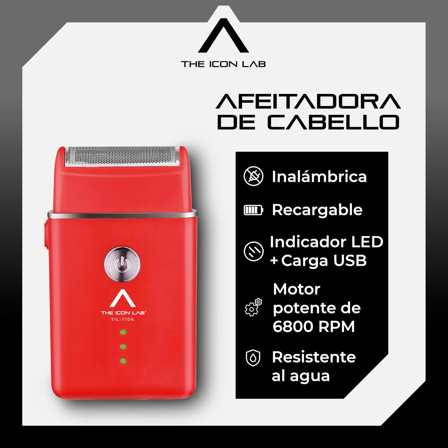 THE ICON LAB | Afeitadora Eléctrica Inalámbrica | Motor 6800 RPM | 60 Min de Uso | Navajas de Acero de Titanio | Resistente al Agua | Carga USB | Indicador LED | Máquina para Cortar Cabello