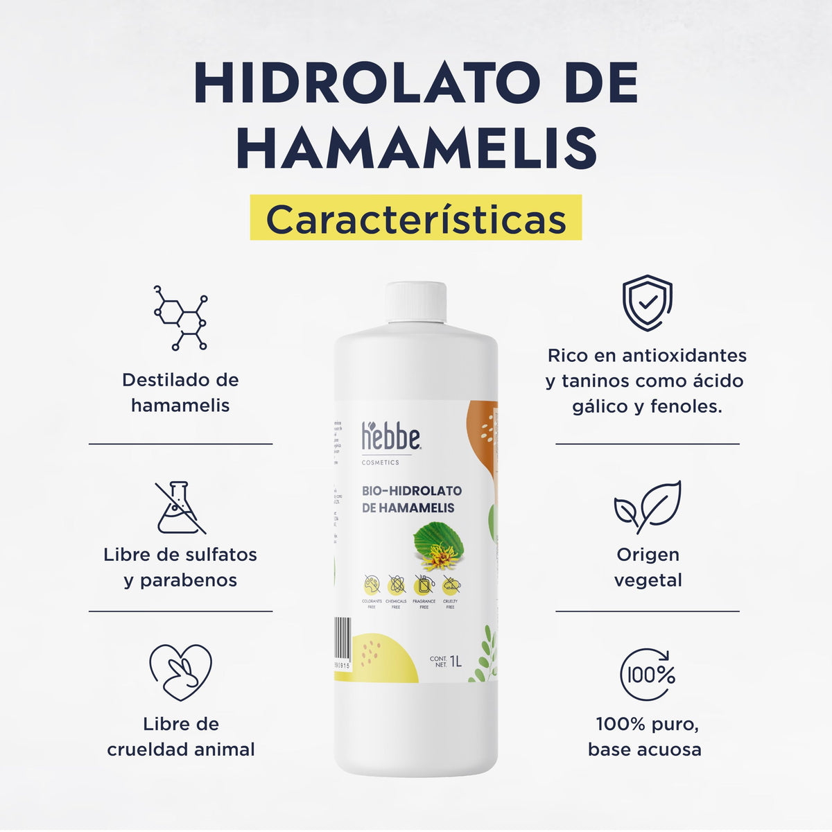 HEBBE - Hidrolato de Hamamelis 1 L | Estimula Colágeno | Fijador de Maquillaje | Ideal para Pieles Sensibles | Efecto Anti-Edad