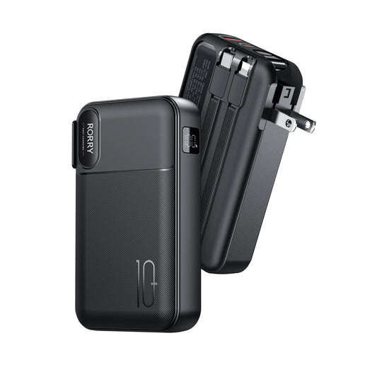 Batería Portátil RORRY Negro 10000 mAh con Enchufe Plegable y Cables Integrados
