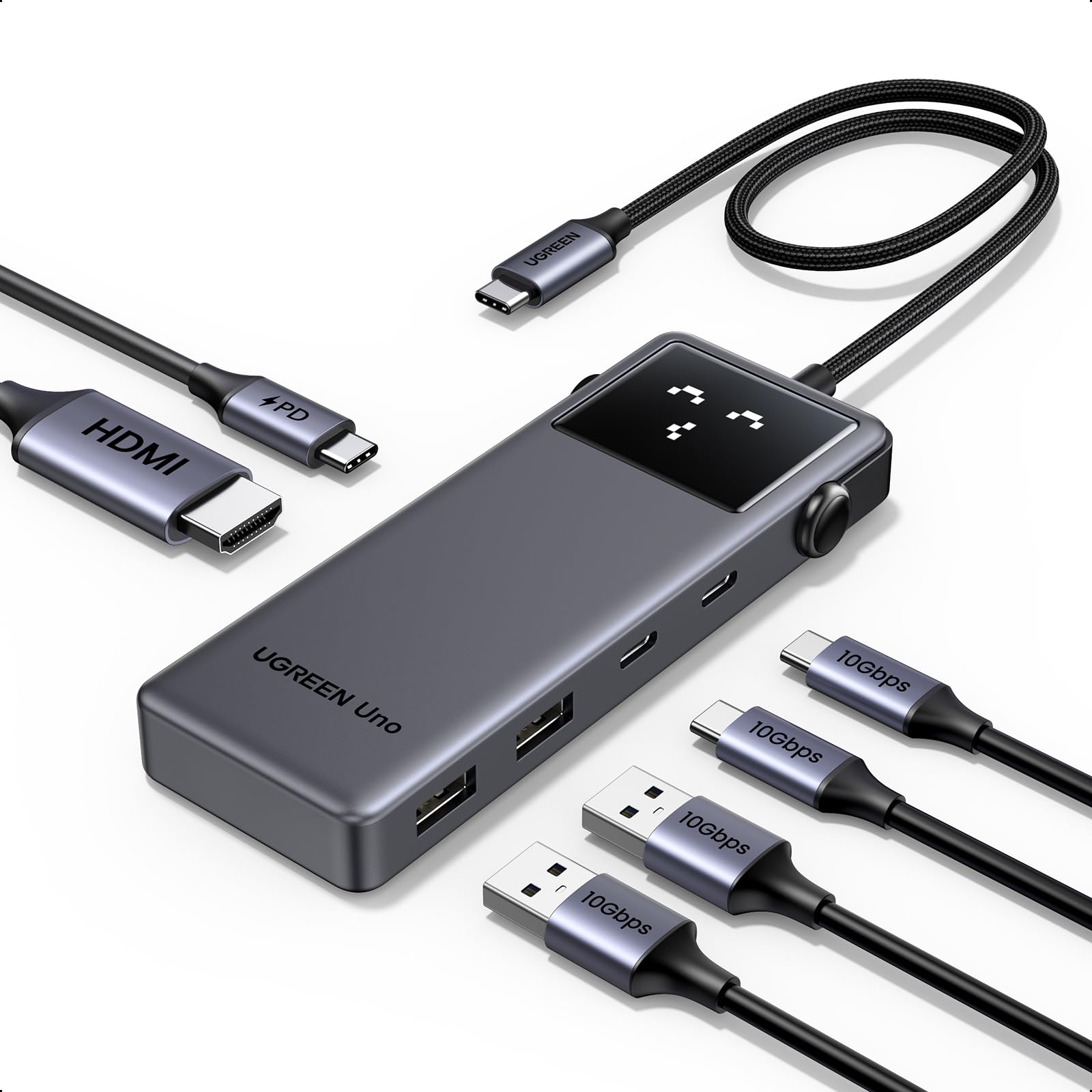 UGREEN Uno Hub USB C, 6 en 1 Robot Adaptador USB C 3.2 Gen 2 con HDMI 4K 60Hz, 2*USB y 2*USB C 10Gbps, Carga 100W Compatible con MacBook Pro Air Surface Chromebook DELL XPS y Más Dispositivos Tipo C
