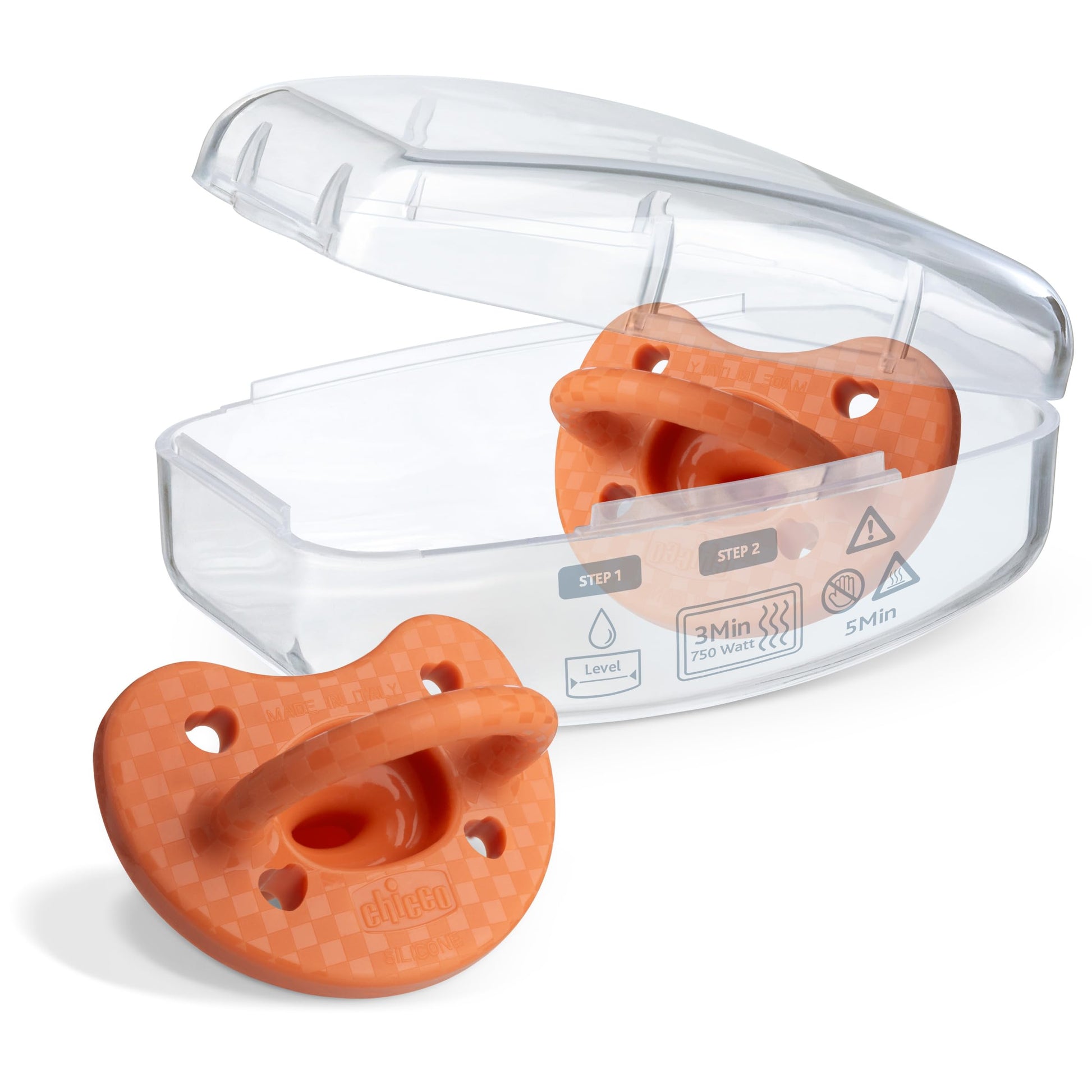 Chicco PhysioForma® - Chupete de silicona de lujo de una pieza para bebés de 16 a 24 m | Escudo texturizado de moda | Sin BPA y látex | Funda esterilizante reutilizable | Terracota, 2 unidades