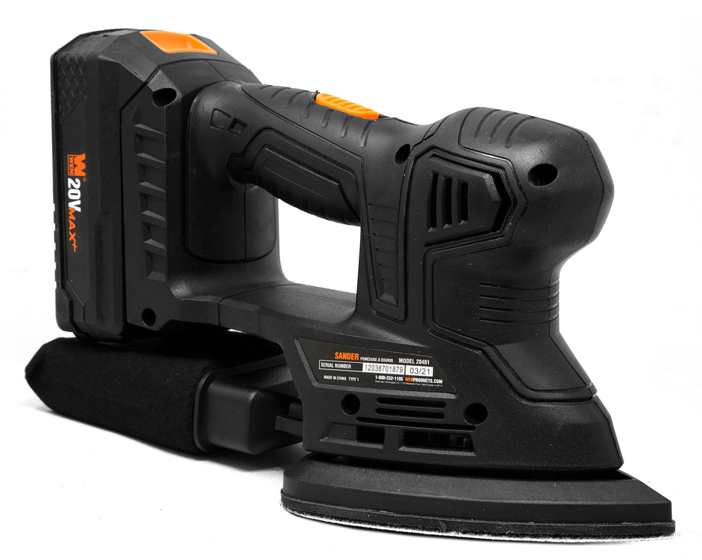 WEN Lijadora de palma inalámbrica con batería de iones de litio de 20 V máx. 2.0 Ah y cargador (20401) negro