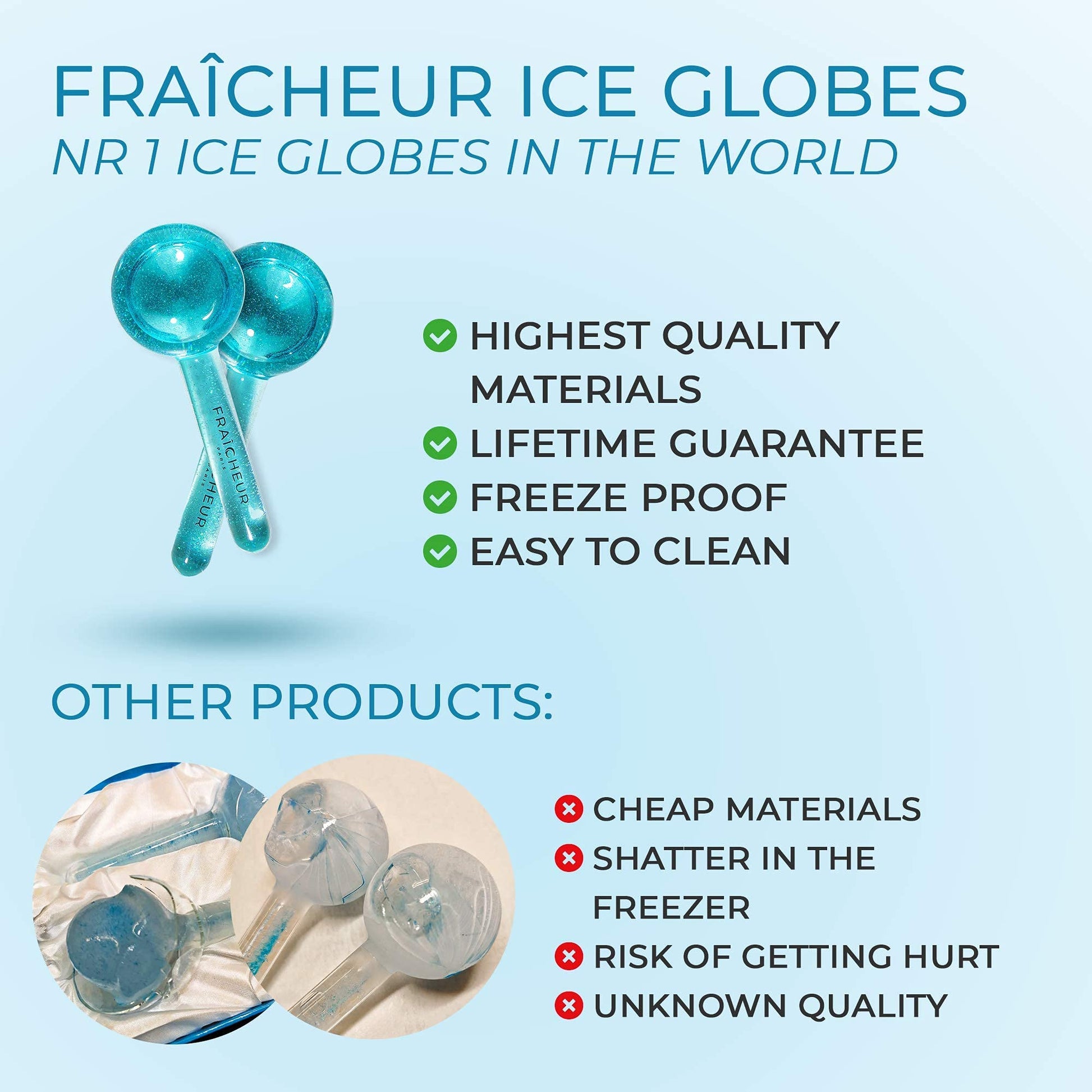 FRAÎCHEUR ICE Globes | Frozen Cryo Roller for Cold Facial Massage | Skincare Cooling Glass Massager with Anti-Freeze Liquid Inside | Reduce Puffiness, Pores (Pink with Glitters)