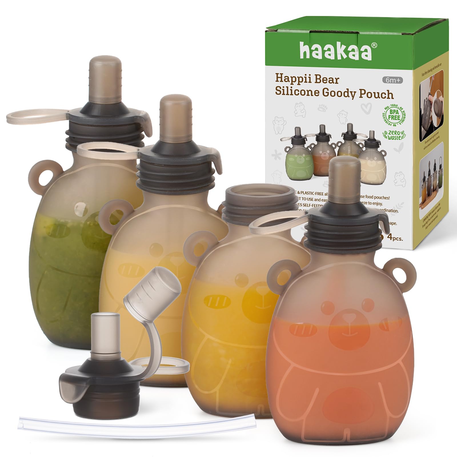 Haakaa Happii Bear - Bolsa de silicona reutilizable para alimentos para bebés para purés orgánicos, jugos, batidos y yogur, perfecto para niños y niños - Paquete de 4, 6 onzas