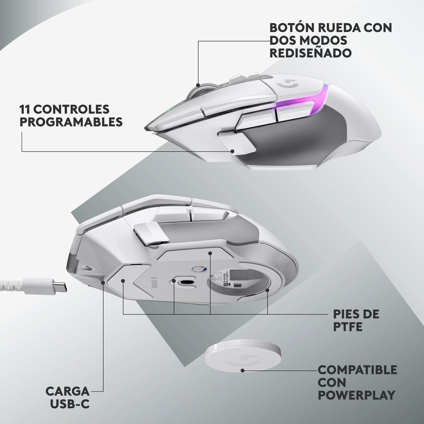 Logitech G502 X Plus Lightspeed Mouse Óptico Inalámbrico RGB para Gaming - Interruptores híbridos LIGHTFORCE, LIGHTSYNC RGB, Sensor Gaming Hero 25K, Compatible con PC - macOS/Windows - Blanco