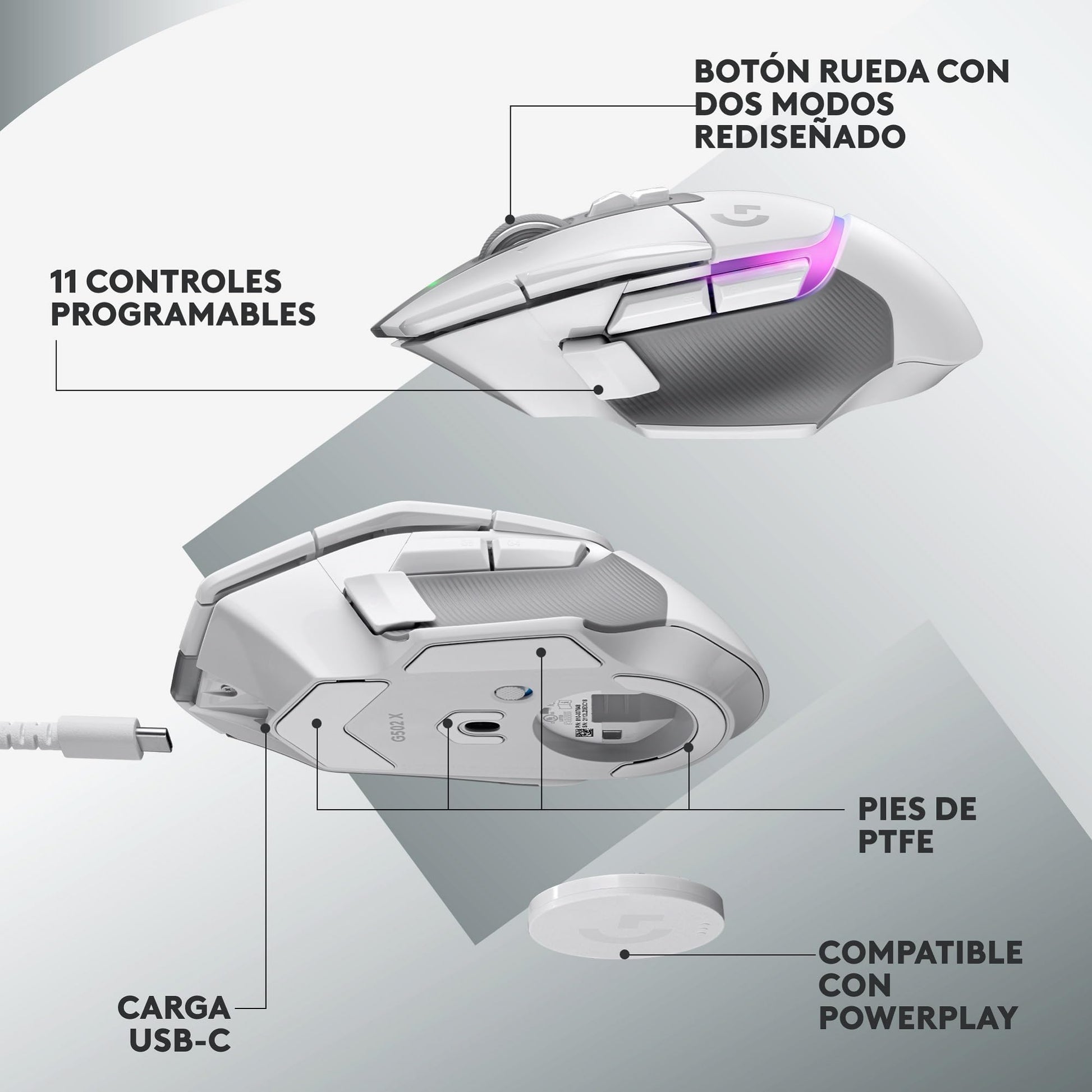 Logitech G502 X Plus Lightspeed Mouse Óptico Inalámbrico RGB para Gaming - Interruptores híbridos LIGHTFORCE, LIGHTSYNC RGB, Sensor Gaming Hero 25K, Compatible con PC - macOS/Windows - Blanco