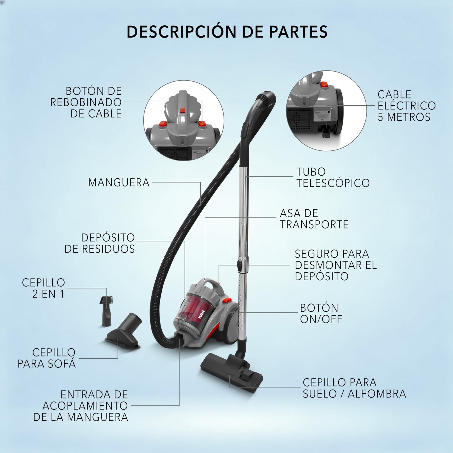 RCA Aspiradora Canister Echo RC-A2, Regulador de Succión, Filtro HEPA, Capacidad 2 L Extraíble, Ideal para Mascotas y Polvo, Accesorios Incluidos, Hogar y Alfombras, Cable de 5 m, Ligera y Portátil
