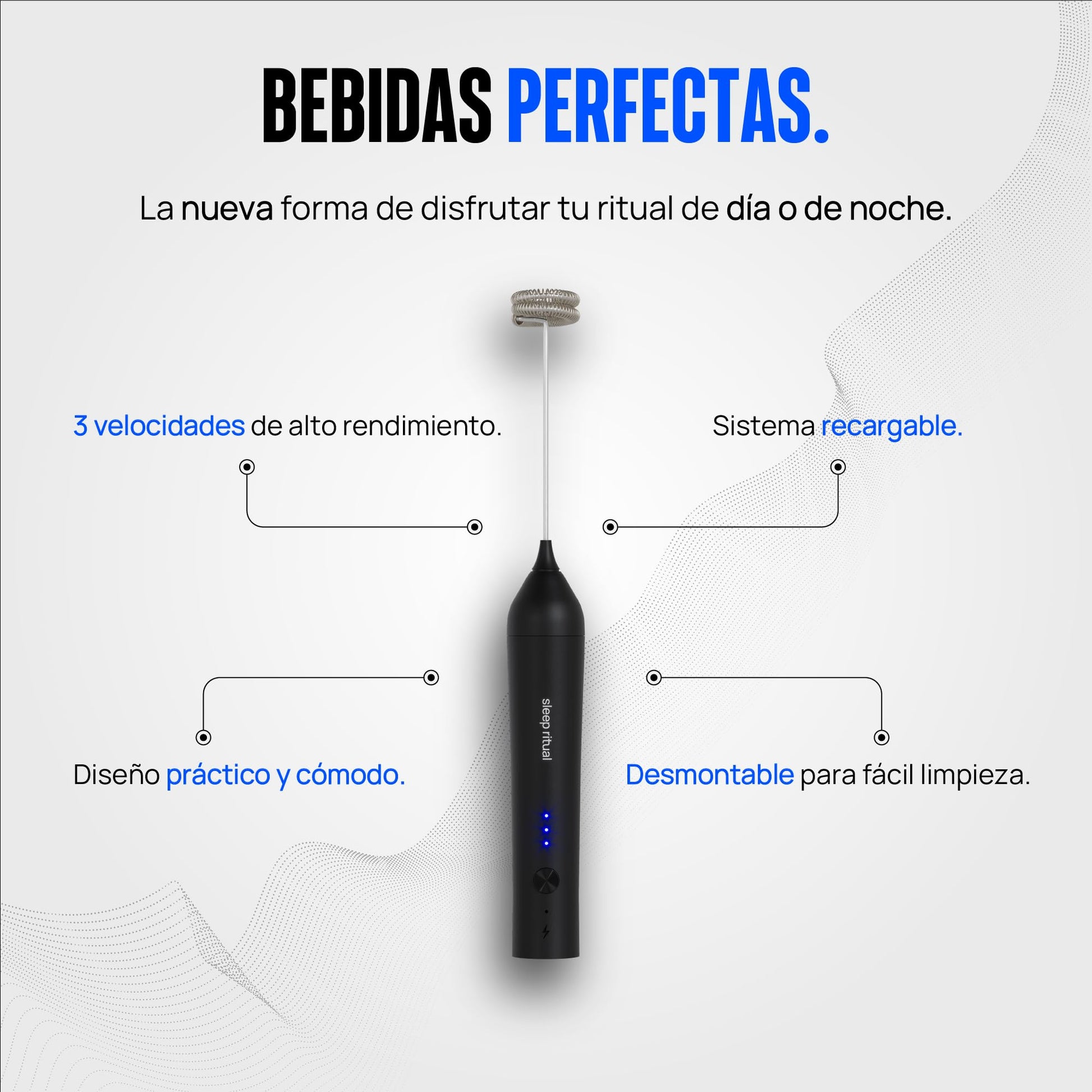 Espumador de Leche Sleep Ritual Recargable Premium de Mano 3 Velocidades