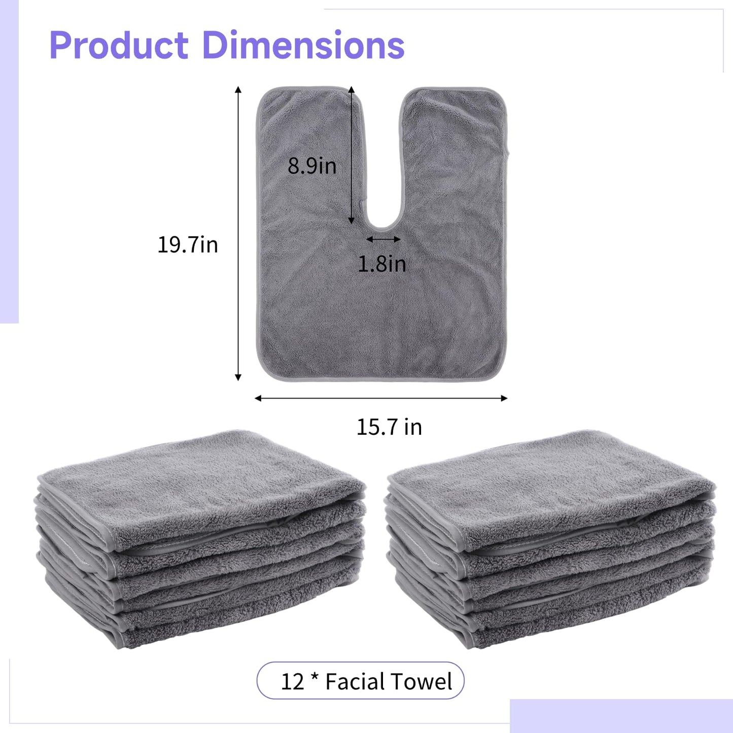 DIMEGON - 12 toallas faciales en forma de U, diseño dividido, toalla suave de estético, paño facial de forro polar coral para salones de belleza, cuidado de la piel, centros de spa, gris