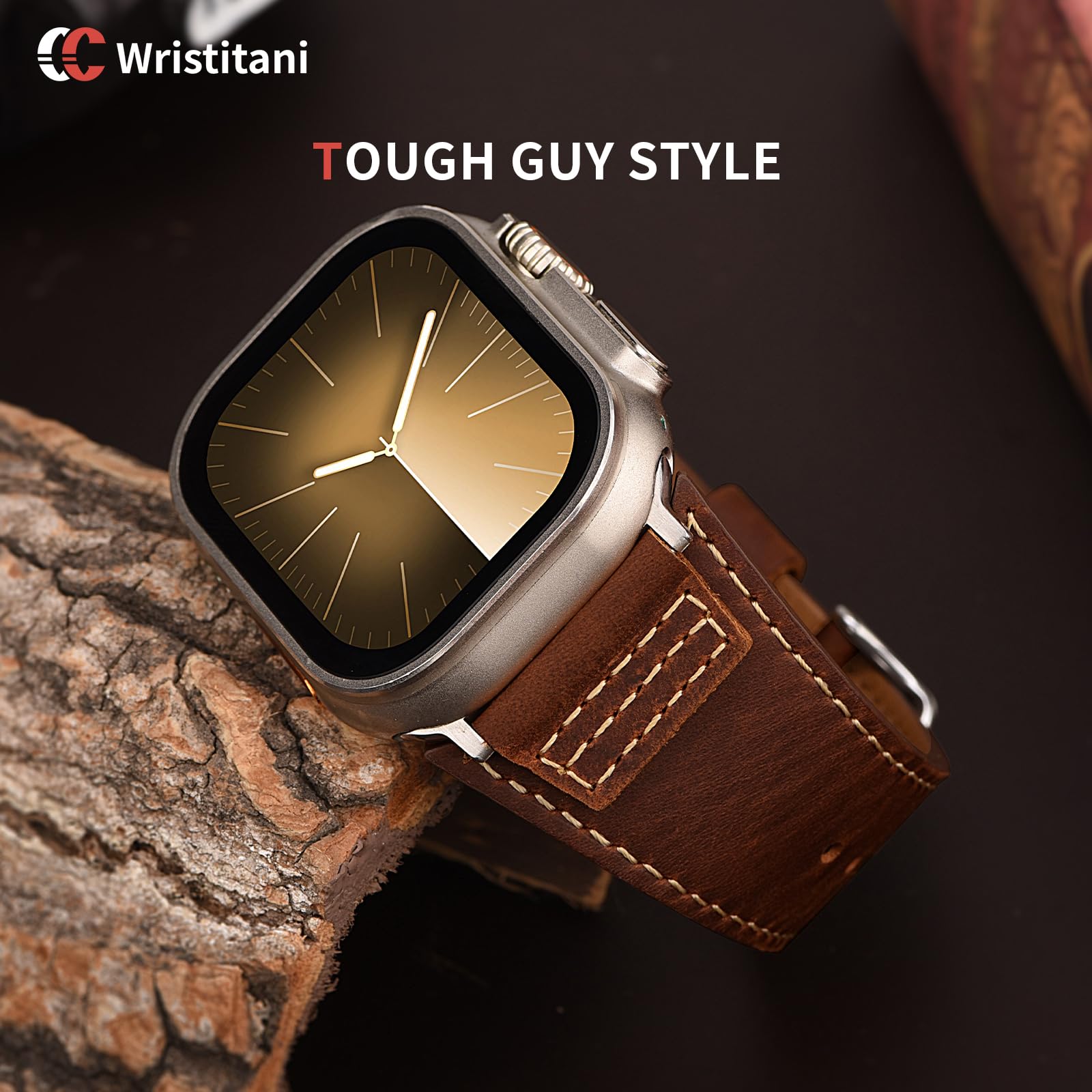 Correa Cuero Wristitani Marrón Oscuro Hebilla Plateada Compatible Apple Watch para Hombre