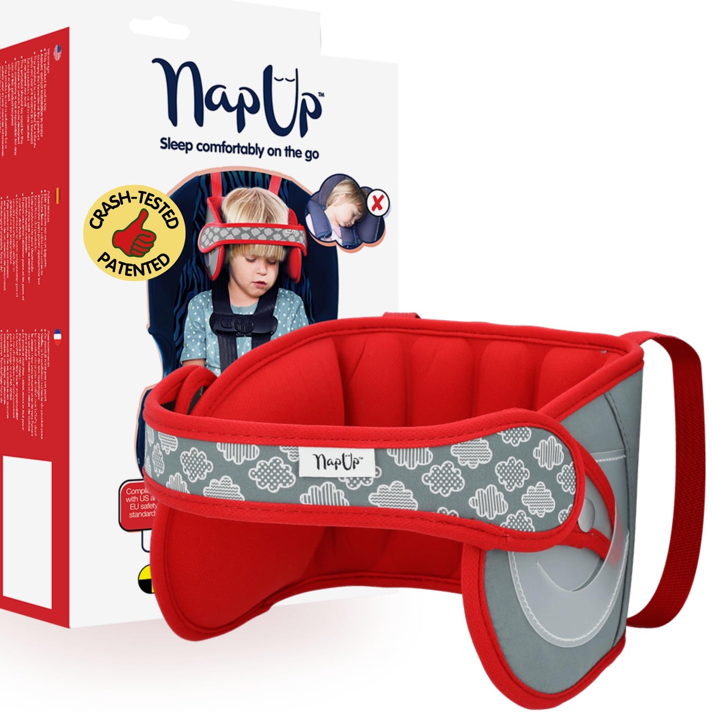 NAPUP Soporte para cabeza de niño para asientos de coche – Solución segura y cómoda de apoyo de almohada para cabeza y cuello para asientos delanteros de coche y refuerzos de respaldo alto – Accesorios de viaje para bebés y niños (roja)