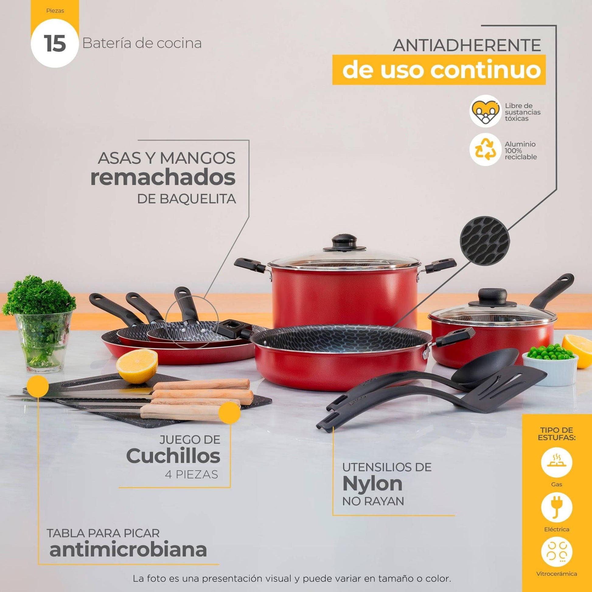 Ekco | Batería de Cocina con Antiadherente Classic 15 Piezas de Aluminio - Color Rojo