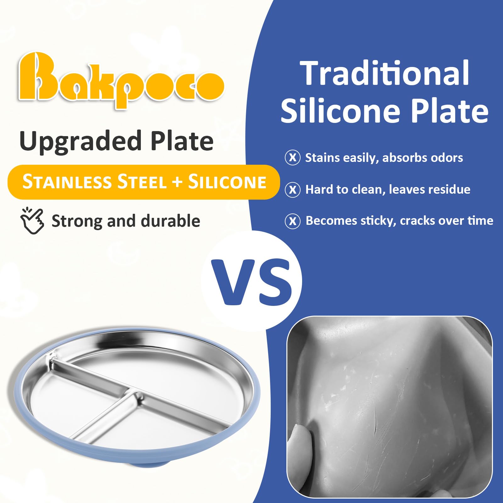 Bakpoco - Placas de succión de acero inoxidable para niños pequeños, platos divididos de 9 pulgadas con succión de silicona extraíble, no tóxicos, antideslizantes, para control de porciones, 4