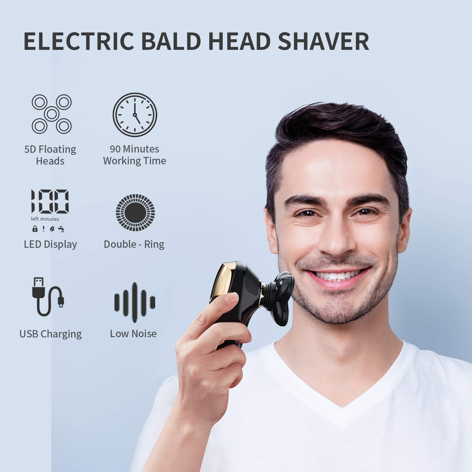 HONTEC Juego de afeitadora de cabeza eléctrica 4 en 1, también se adapta a afeitadora de cabeza Freedom Grooming con cortapelos para nariz y oídos, limpieza facial, maquinillas de afeitar inalámbricas, IPX6, impermeable, húmedo y seco