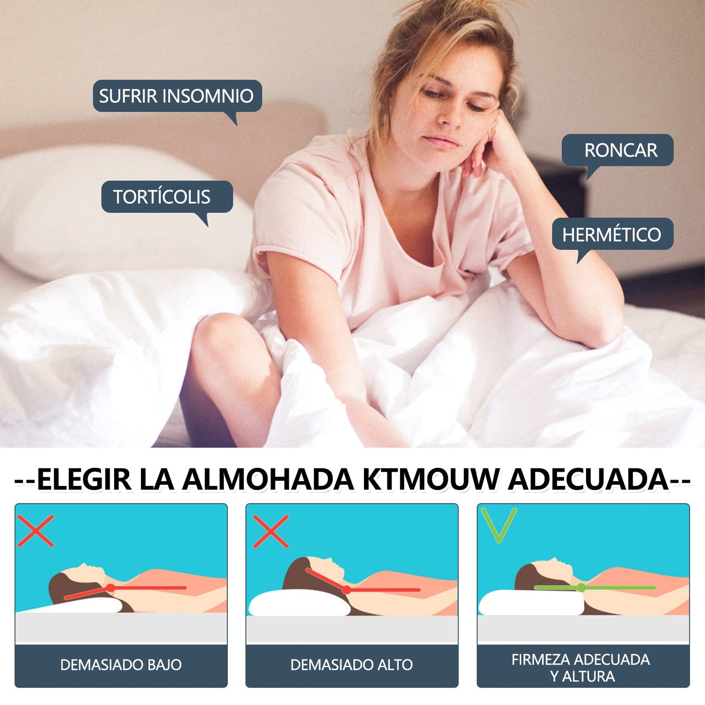 KTMOUW Almohada 2 Piezas Memory Foam y Microfibras antiácaros e hipoalergénico Conductor de Temperatura, Ligero y Resistente