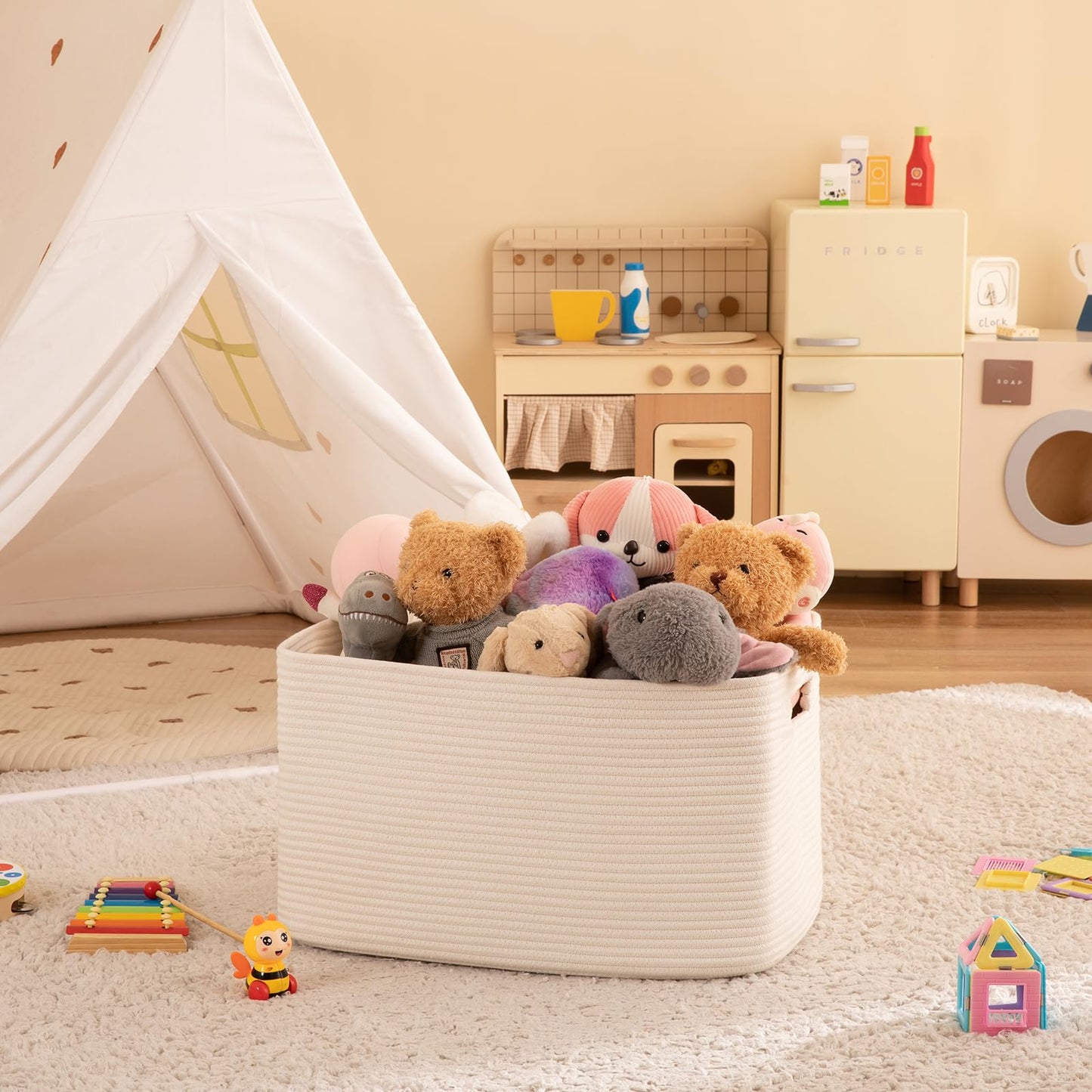 OIAHOMY - Cesta rectangular grande de 96 L, cesta tejida de algodón para almacenamiento, cesta de ropa sucia para sala de estar, guardería, recámara, organización de juguetes con asa, 24 x 16 x 15
