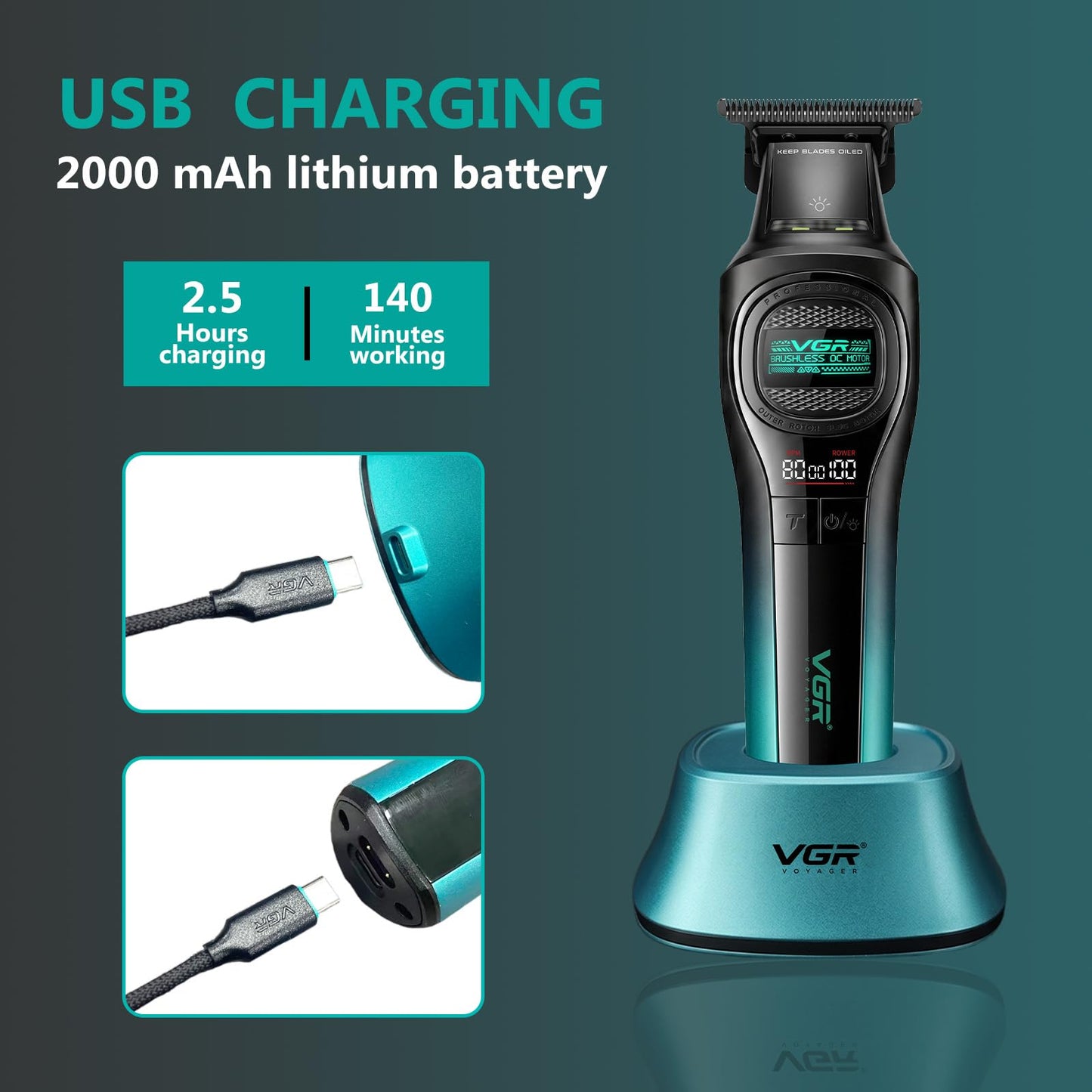 VGR 888T - Cortapelos inalámbrico para hombre, profesional Turbo 8000 RPM con hoja de carbono DLC, pantalla LED, base de carga USB, kit de corte de barba y cabello recargable con peine guía, (verde)