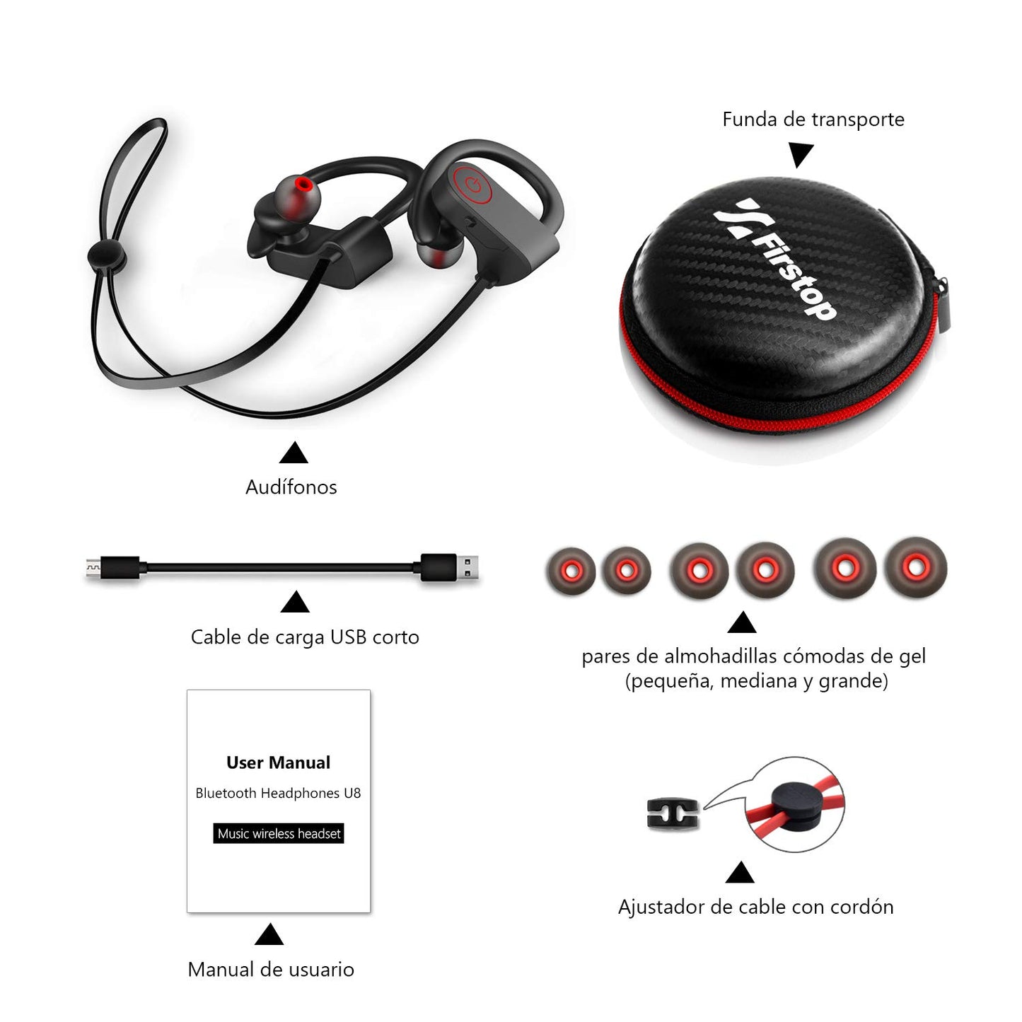 Firstop Auriculares Bluetooth, Audífonos Inalámbricos Impermeables IPX7, Auriculares con Reducción de Ruido y Ajuste Seguro para Deportes y Gimnasia, con Micrófono Incorporado