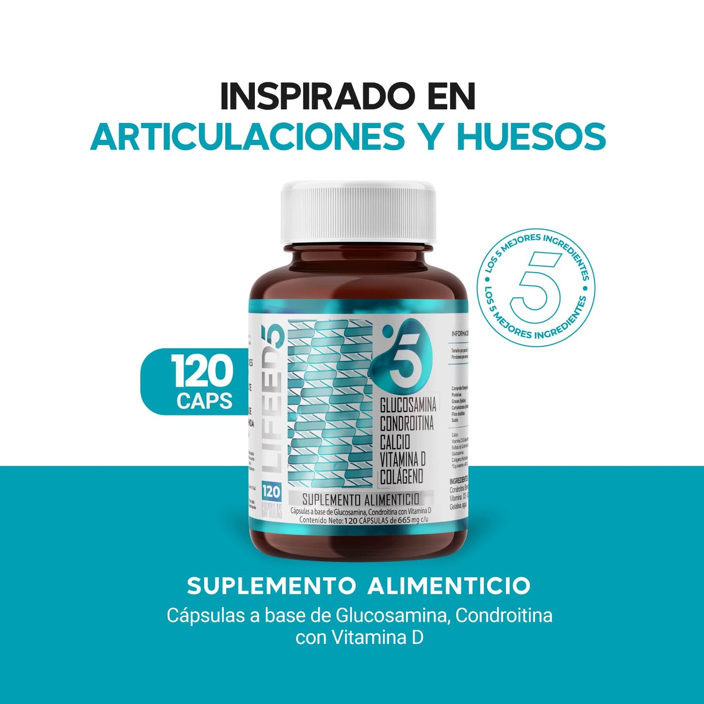 LIFEED 120 Cápsulas de Glucosamina y Condroitina | Colageno Hidrolizado, Calcio y Vitamina D | Suplementos Alimenticios para Articulaciones, Huesos y Músculos, Multivitaminico Hombre y Mujer Joint Support, 1 al día