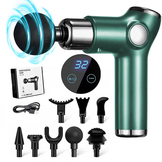 Pistola de Masaje Handheld,Mini Massage Gun Masajeador Muscular Eléctrico,con 8 Cabezales y 32 Niveles Ajustables,Máquina de Masaje Espalda Recargable,Súper Silencioso y con Pantalla Lcd,Verde