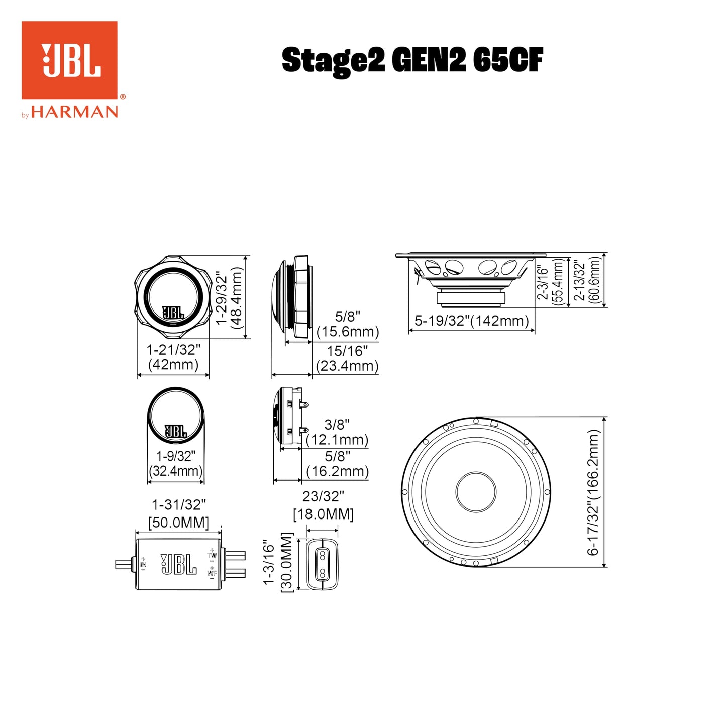 JBL Stage2 GEN2 65CF - Altavoces para Coche (165 mm, 2 woofers y 2 tweeters)