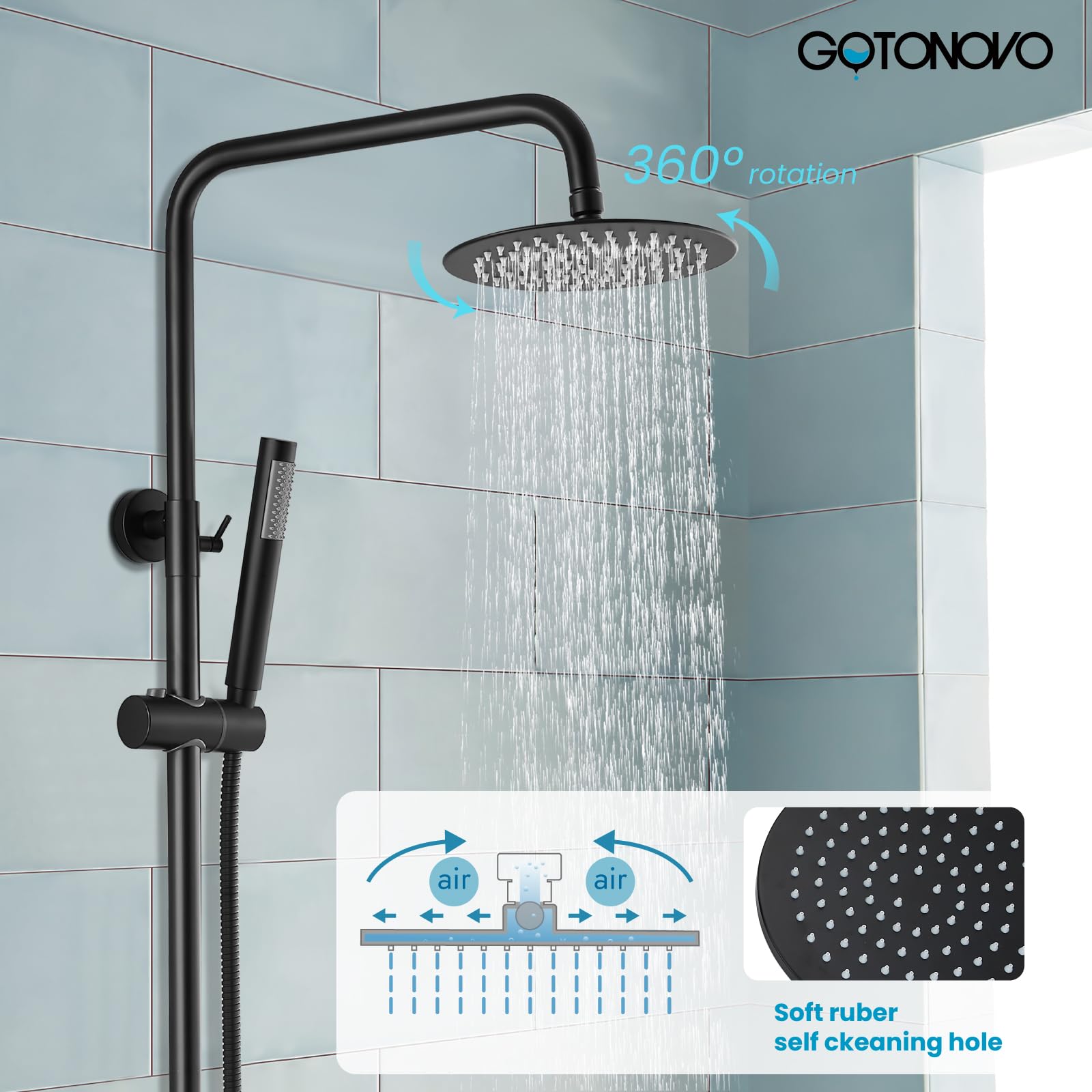 Juego de sistema de ducha con pulverizador de mano y boquilla de tina de acero inoxidable negro mate, mango cilíndrico de 20,32 cm, cabezal de ducha de lluvia, grifo de ducha, montaje en pared, triple función