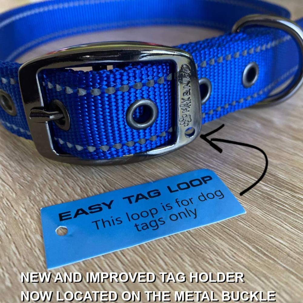Collar para perro con hebilla de metal reflectante Max y Neo MAX – donamos un collar a un rescate de perros por cada collar vendido (pequeño, azulado)